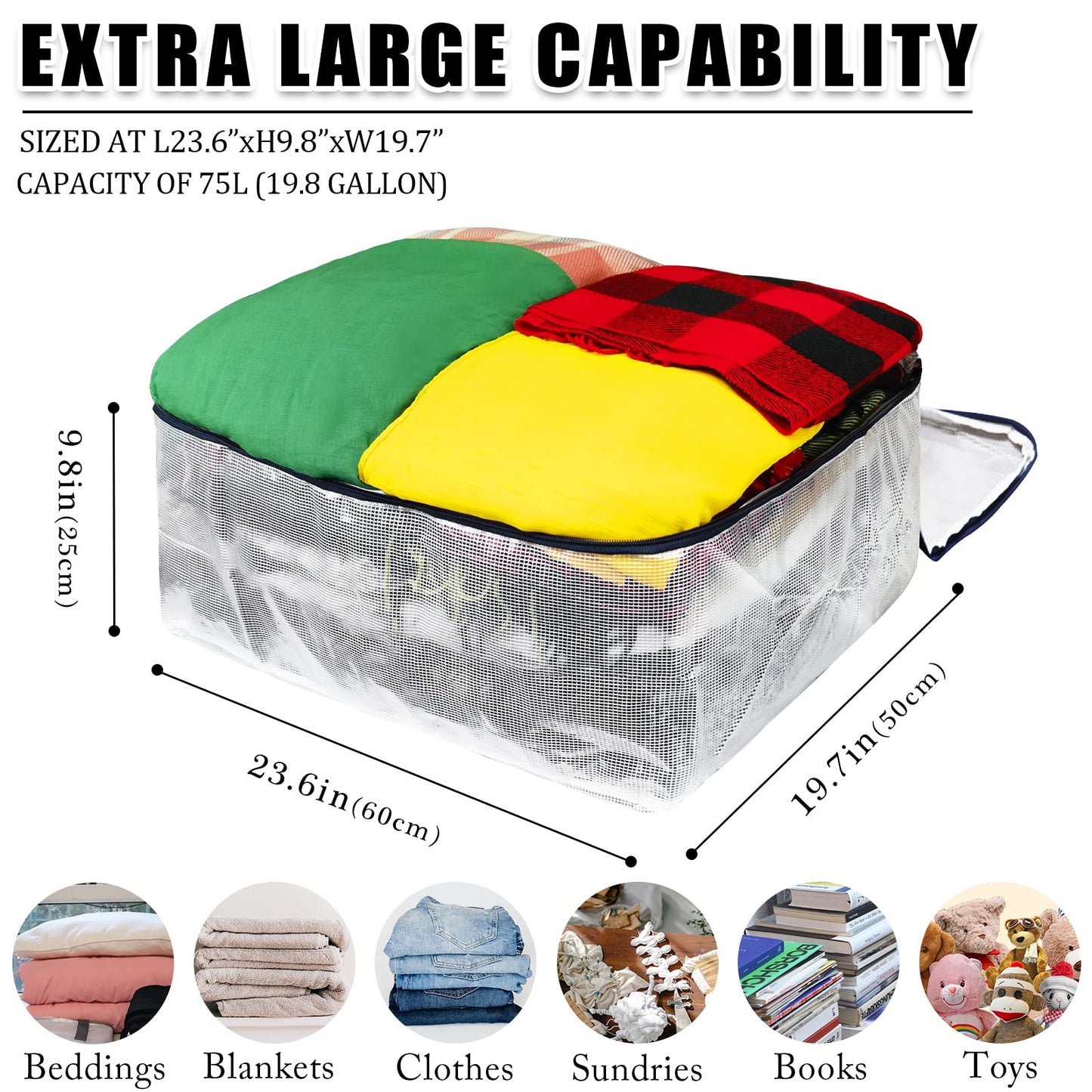 Ineetatu Clear Storage Bags with Zipper, 75L Extra Large Capacity - Closet, Underbed Storage Organizer for Clothes, Bedding, Comforter, Toys, Pillow & Blanket, 3 Pack