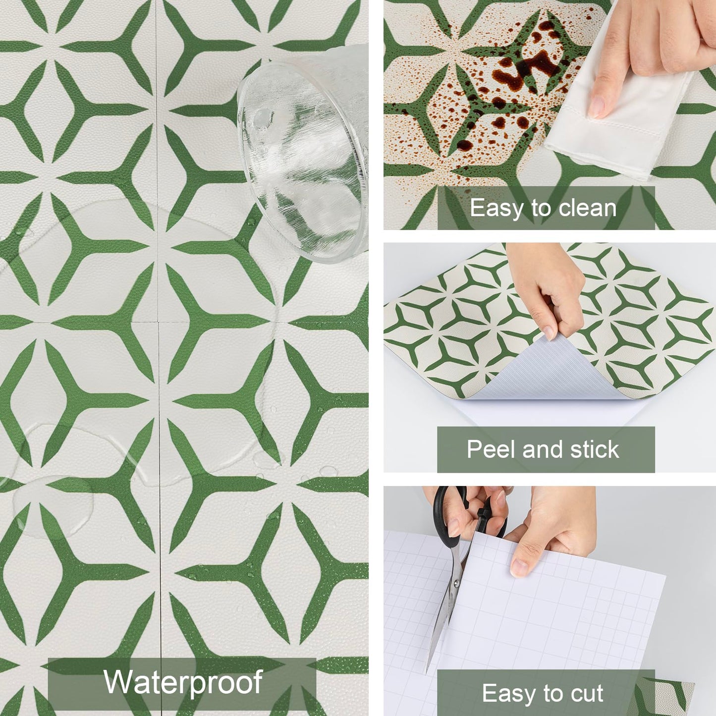 Dureidos Peel and Stick Floor Tile 12"x12", 10Pcs Waterproof Flooring Self-Adhesive Peel and Stick Tile for Bathroom, Kitchen, Geometric Green Pattern(10 sq.ft.)