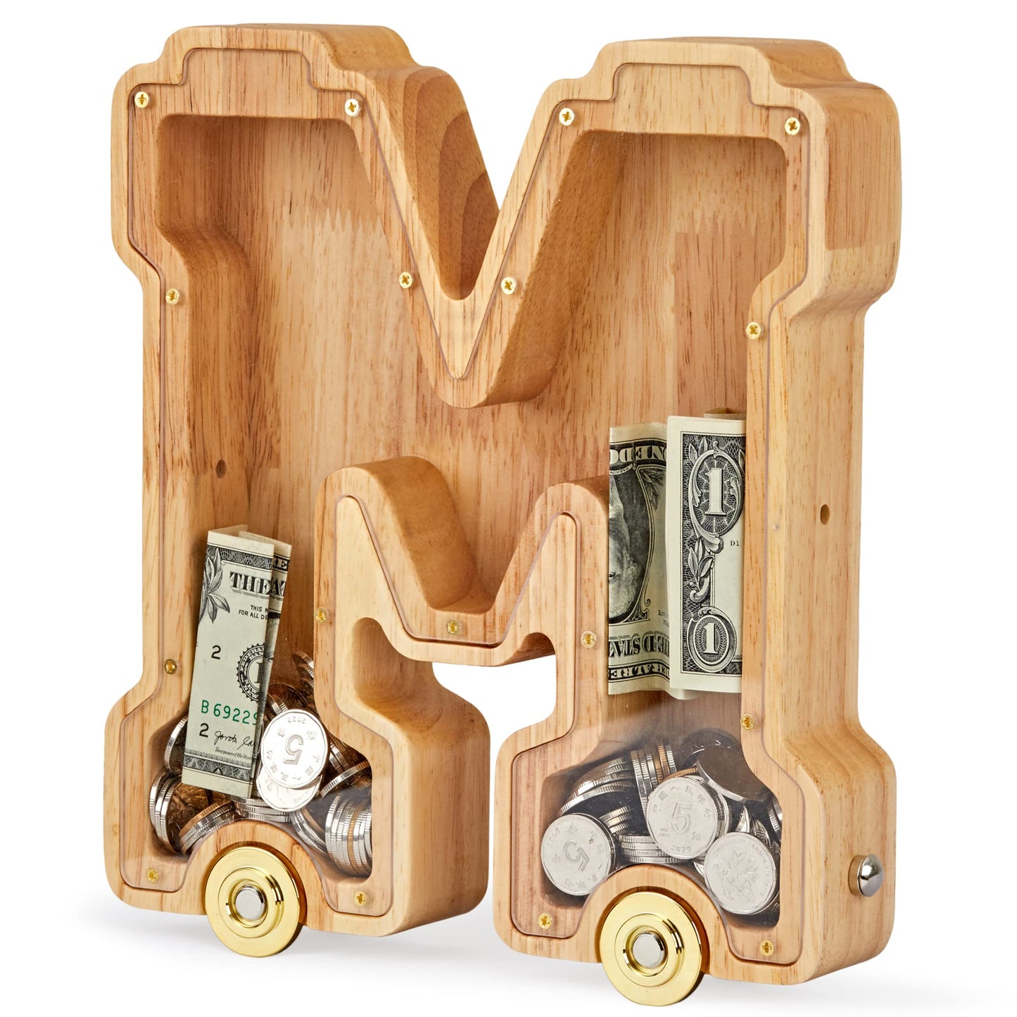 NBTORCH Wooden Letter Piggy Bank, Inter-connectable Piggy Bank for Kids Boys Girls, Alphabet M Money Bank Toy with Wheels, for Kids (Initial-M)