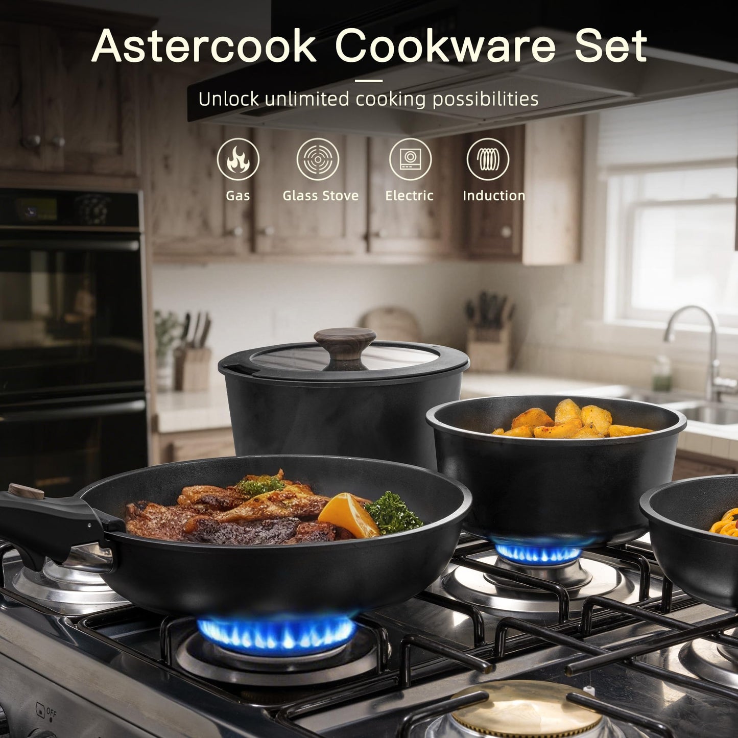 Astercook 21 Pcs Pots and Pans Set Non Stick, Ceramic Cookware Set Detachable Handle, RV Kitchen Cooking Set Removable Handles, Oven Safe, Induction Ready, Stackable Non-stick Set, Black