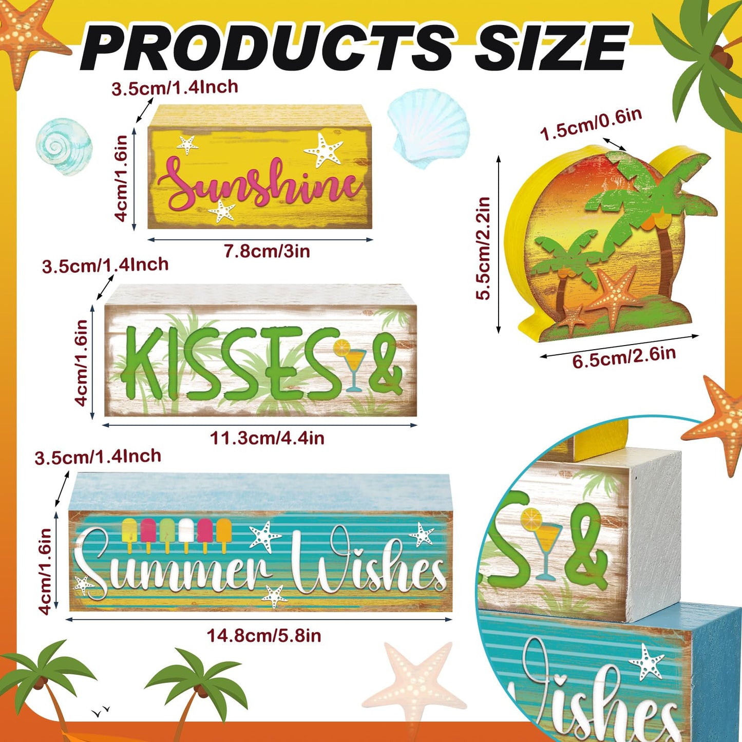 Burbell 4 Pcs Summer Wooden Tiered Tray Decor Farmhouse Rustic Table Decor Books Stack Block Signs for Table & Home Office Decorations(Hawaii Style)