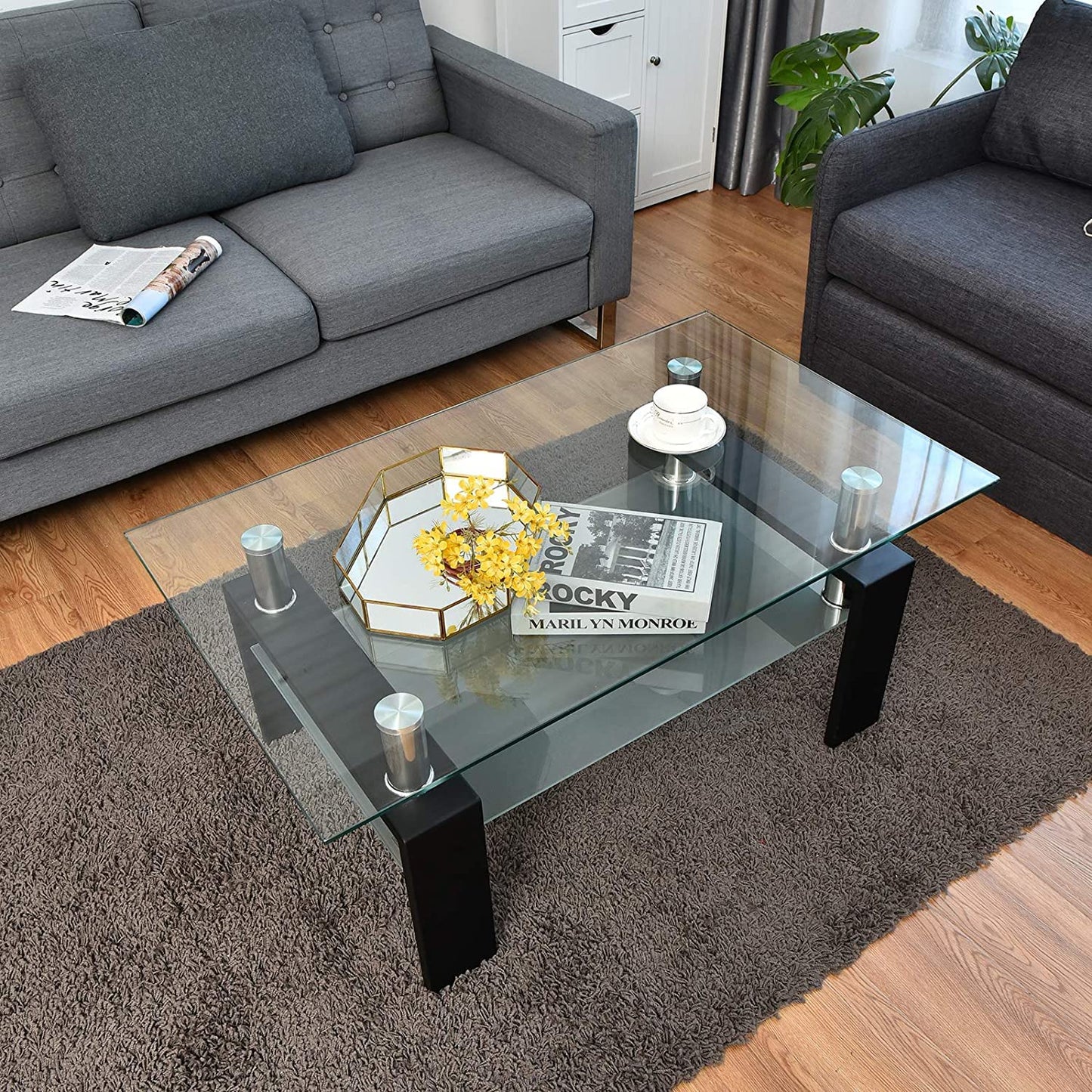 Rectangle Tempered Glass Coffee Table, Metal Leg Glass Tables for Living Room, Coffee Table for Home Office or Conversation Leisure Occasions, Rectangle Glass Table