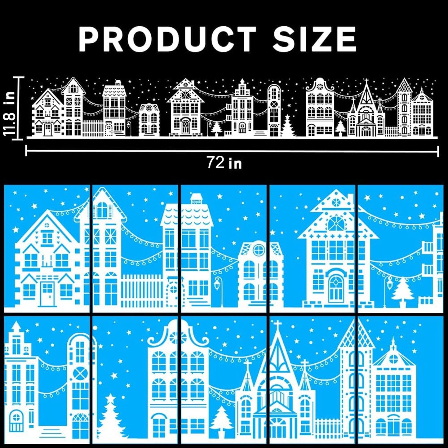 Vellibring 72" Christmas Window Clings - Winter House Decals, Simple Style Reusable Non-Adhesive Street Scene Border Stickers for Home, Cafe, Mall Glass Door, Christmas Decor