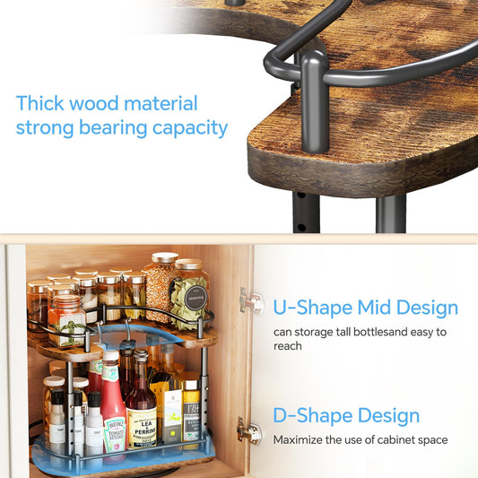 Lazy Susan Organizer Spice Rack - Spice Organization for Cabinet Height Adjustable Rotating Lazy Turntable, Pantry Kitchen Wood Revolving Seasoning Organizer, 12 inches, Black