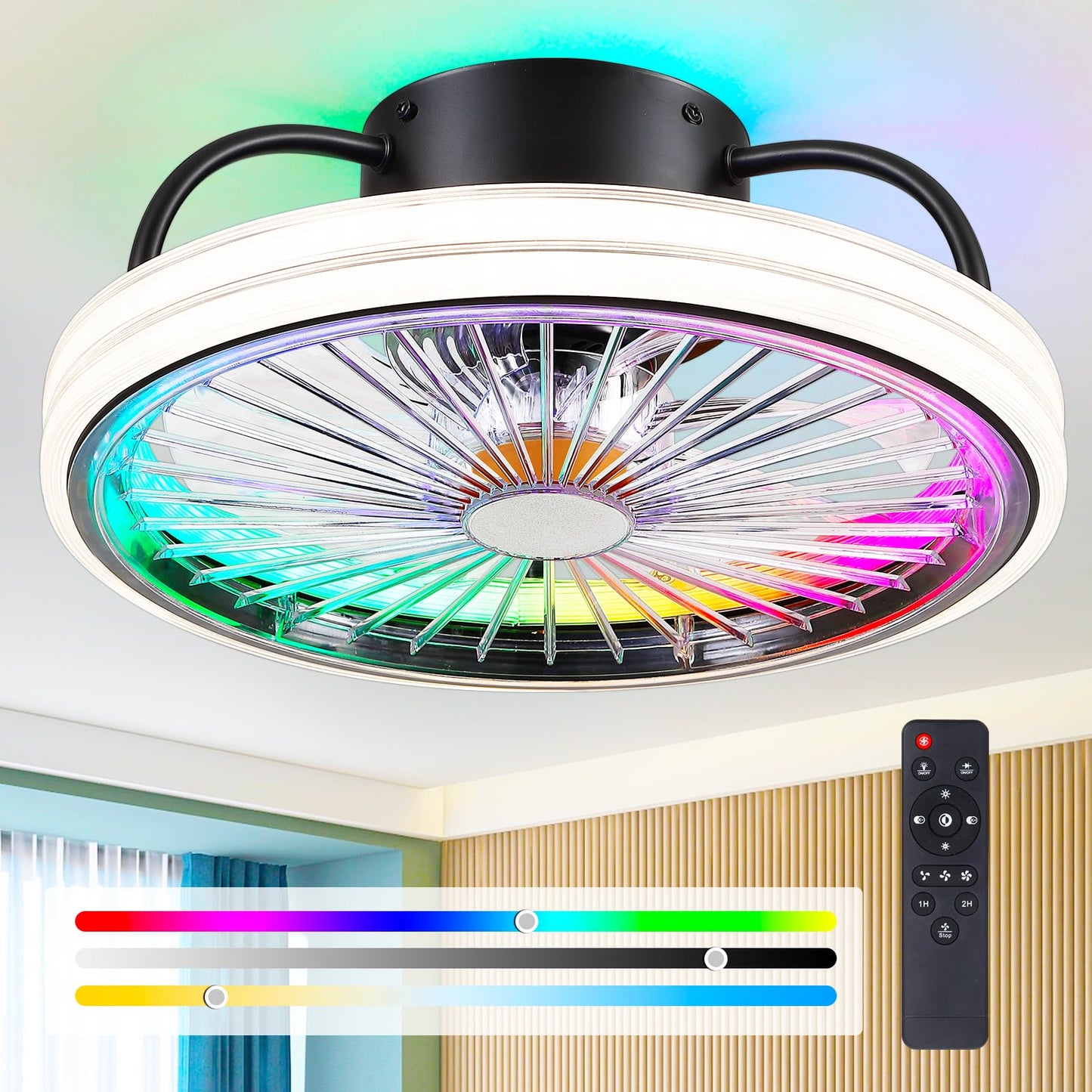 Low Profile Ceiling Fan with Light - Modern Flush Mount Ceiling Fan,15" RGB Dimmable LED Enclosed Ceiling Fans,Modern Bladeless LED-RGB Ambient Light for Bedroom Kids Room Party(Black)