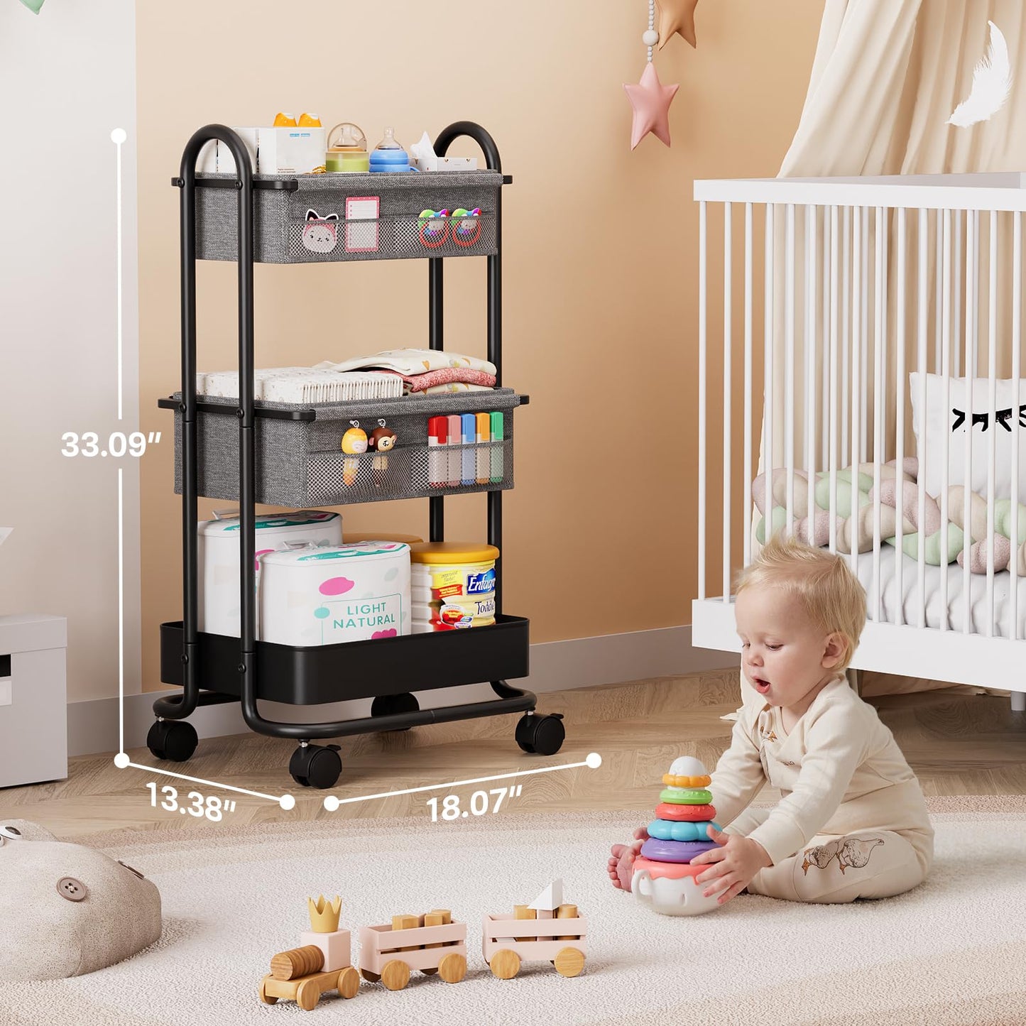 Modanais Baby Diaper Caddy Organizer Cart - 3 Tier Rolling Storage Cart with Wheels, Baby Essentials for Nursery Storage, Detachable Dividers - for Crib, Bedroom, Art & Craft Organizer (Black)