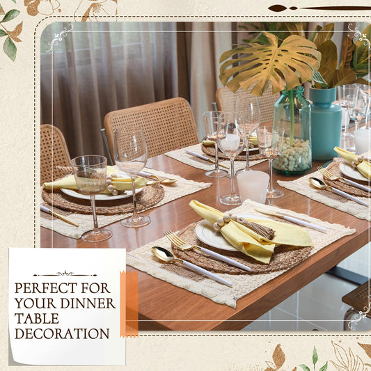 Zhehao 4 Set/12 Pcs Boho Placemats Natural Cotton Burlap and Grass Woven Table Mats Trim Farmhouse Style Placemats with Tassels Wooden Beads Napkin Rings for Table Kitchen