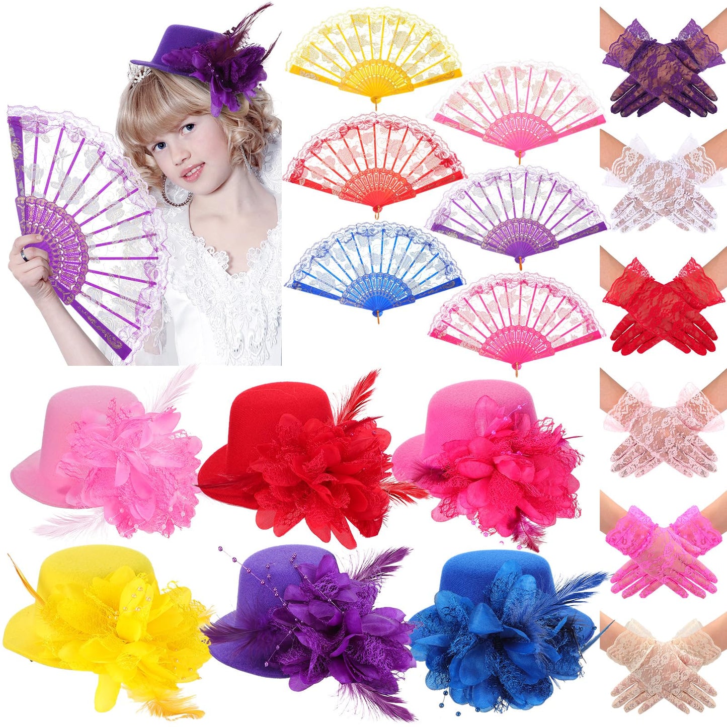 JaGely 18 Pcs Girls Tea Party Supplies Girls Mini Tea Party Hat and Gloves Lace Folding Fan