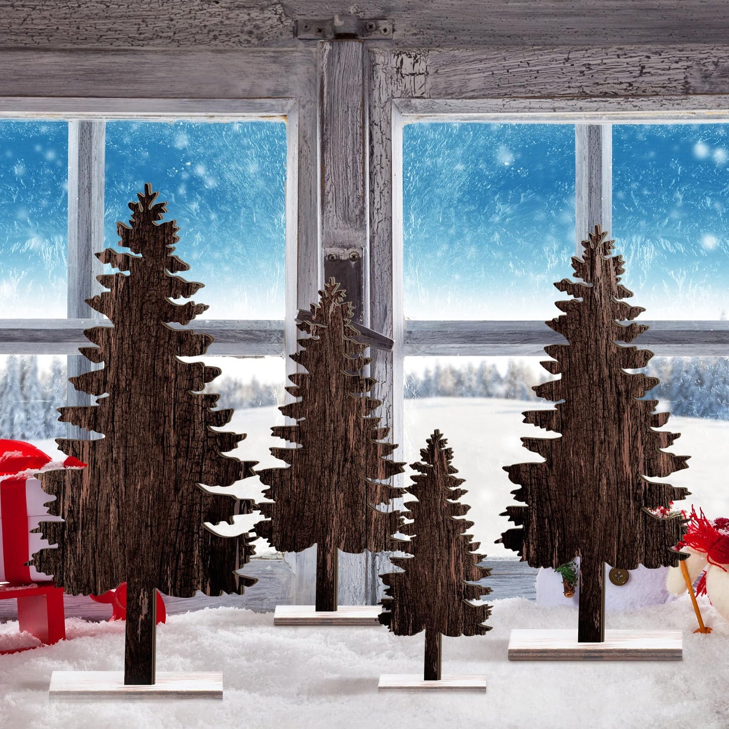 Barydat 4 Pcs Christmas Table Decorations Wooden Pine Trees Reindeer Table Centerpiece Artificial Christmas Decorations Rustic Farmhouse Christmas Decor for Home Table(Christmas Tree)