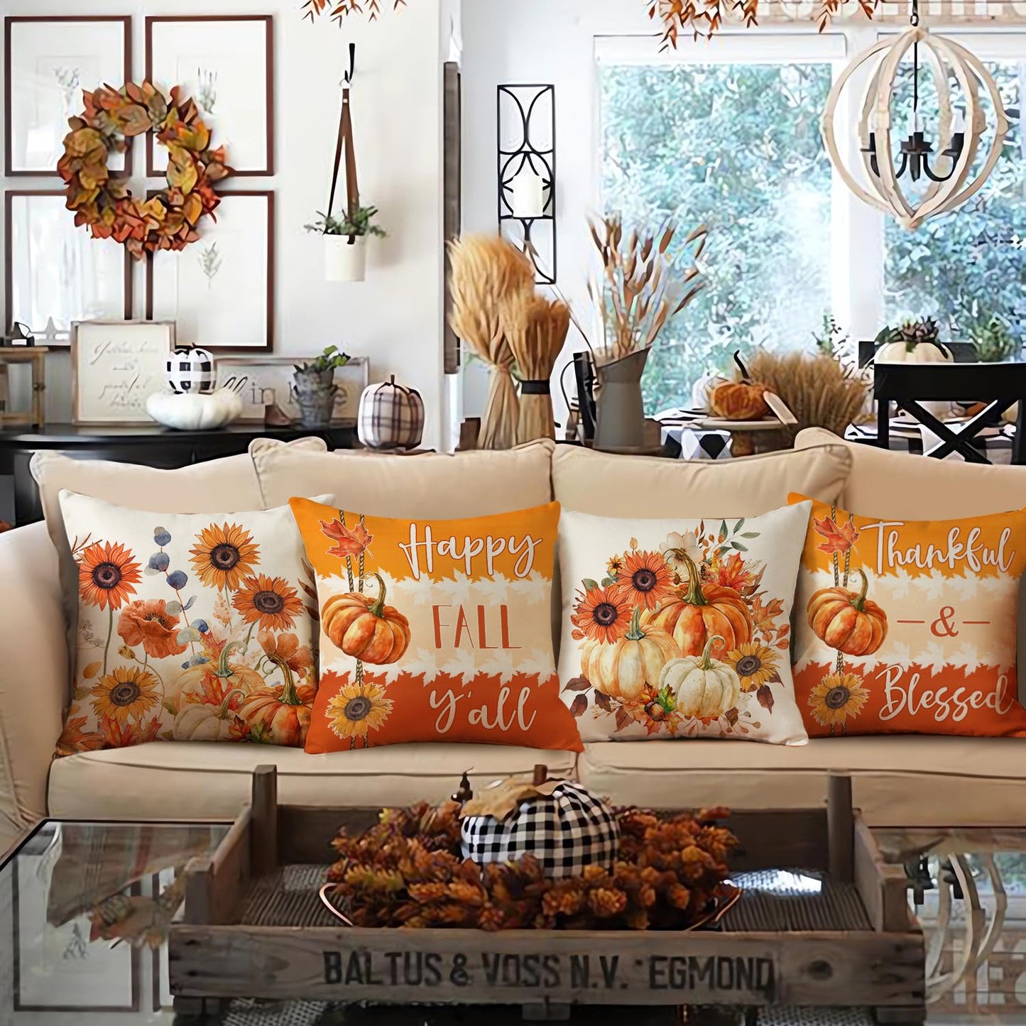 NIGHTWISH Fall Pillow Covers 18x18 Set of 4 Thanksgiving Farmhouse Decorations Floral Pumpkin Outdoor Fall Decor Throw Pillow Covers Thankful Blessed Harvest Autumn Cushion Case for Couch Sofa