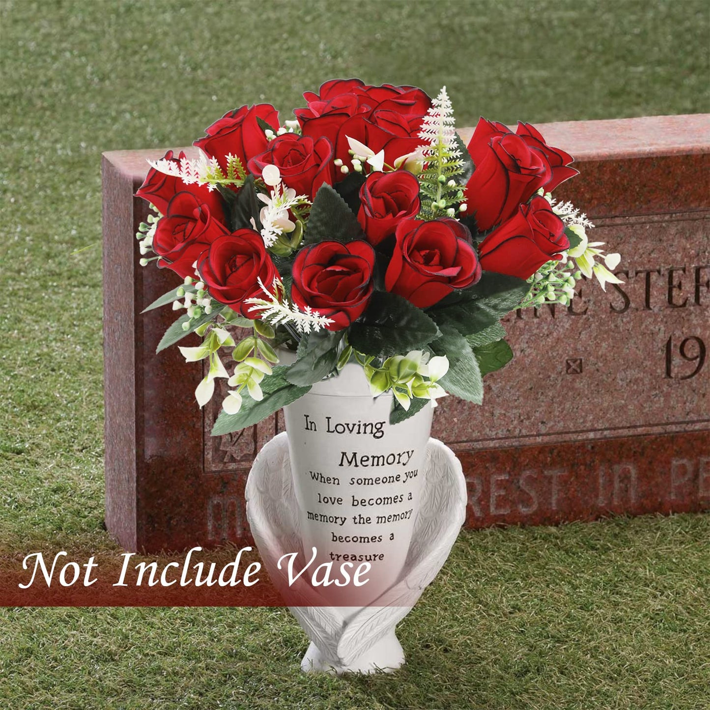 U'Artlines 2Pcs Artificial Cemetery Flowers for Grave Silk Memorial Red Rose Flowers Outdoor Grave Flowers for Grave Vase Cemetery Flower Arrangements (Not Included Vase)