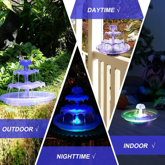 SZMP 3-Tier Electric Tabletop Bird Bath Fountains with 32.8ft Cord, Color Changing LED Lights, Indoor & Outdoor Waterfall Fountain for Relaxing and Home Garden Decor