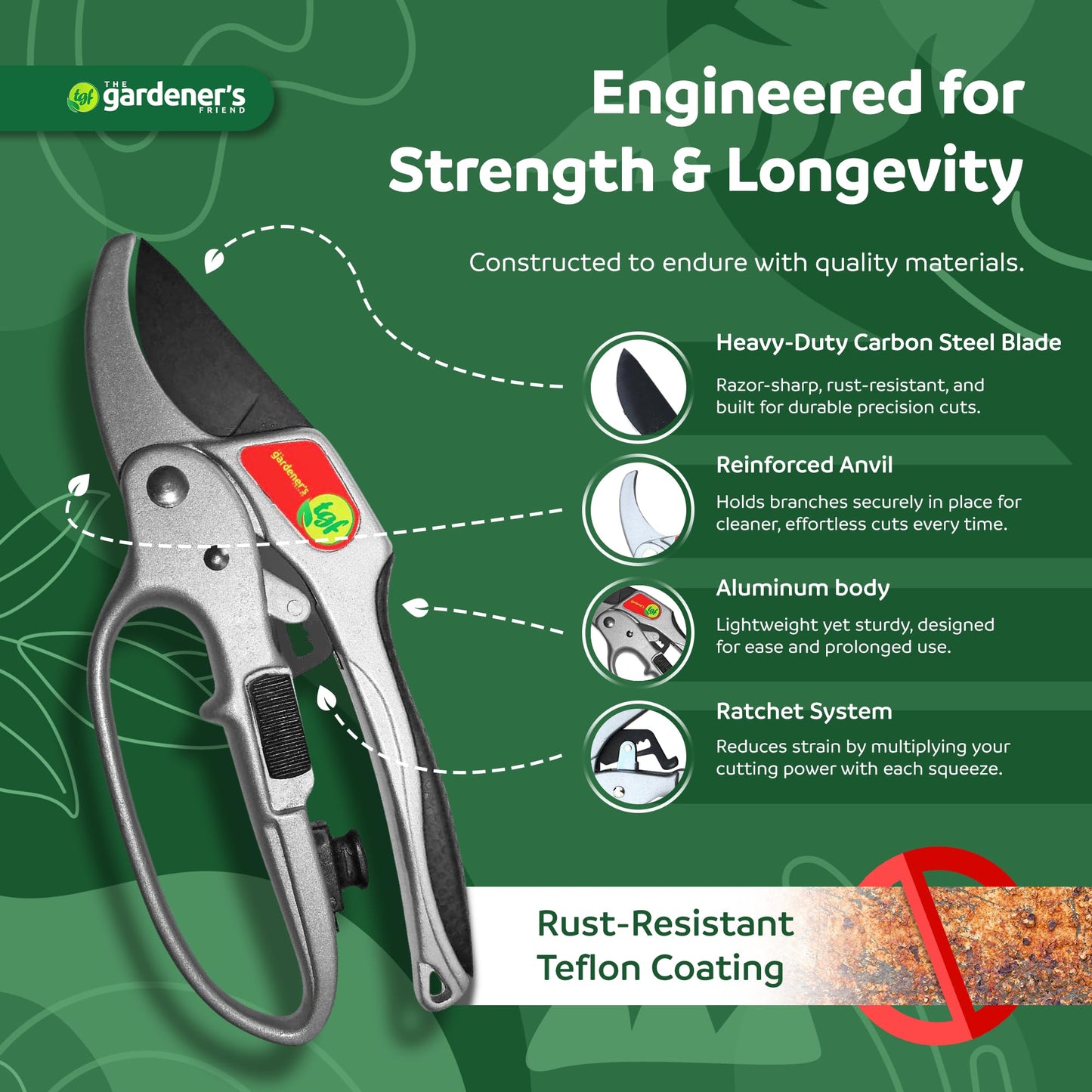 Ratchet Pruning Shears Gardening Tool – Anvil Pruner with Assisted Action – Ratcheting Pruners for with Heavy Duty, Nonstick Steel Blade – Garden Tools by The Gardener's Friend