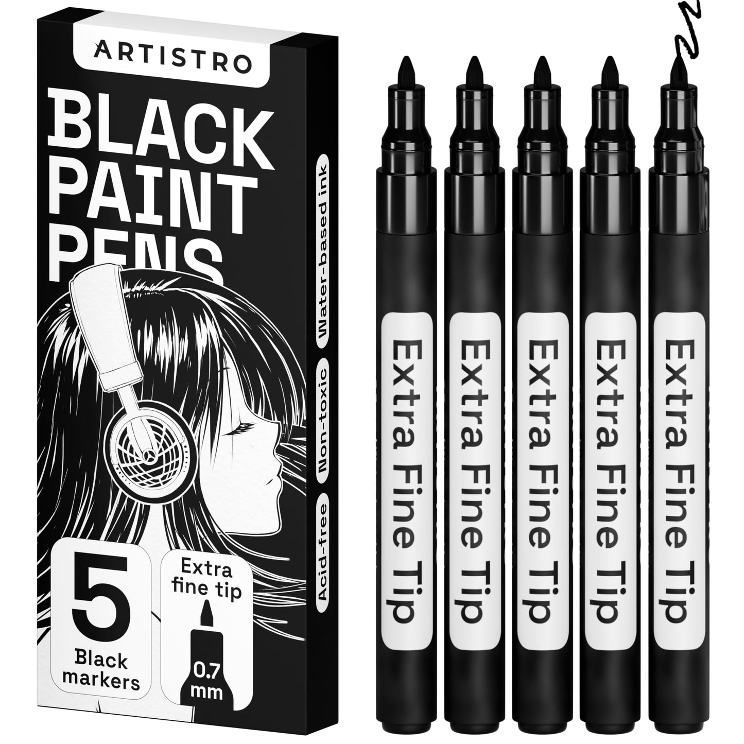 ARTISTRO 5 White Acrylic Paint Pens, Acrylic Paint Markers Different Tip, Fabric Markers for Textile, Canvas, Rock, Glass, Wood, Paper, DYI, Pens for Kids and Adults
