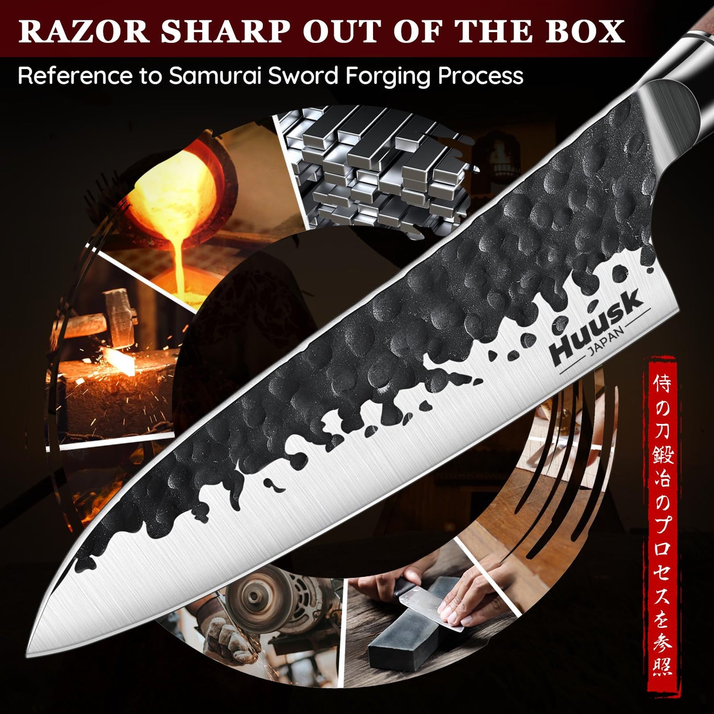 Huusk Japanese Chef Knife Set 6 pcs, Kitchen Knives with Hand-forged High Carbon Steel Blade, Sharp Cooking Knife Set with Ergonomic Wood Handle, Professional Kitchen Knife Set with Gift Box for Men