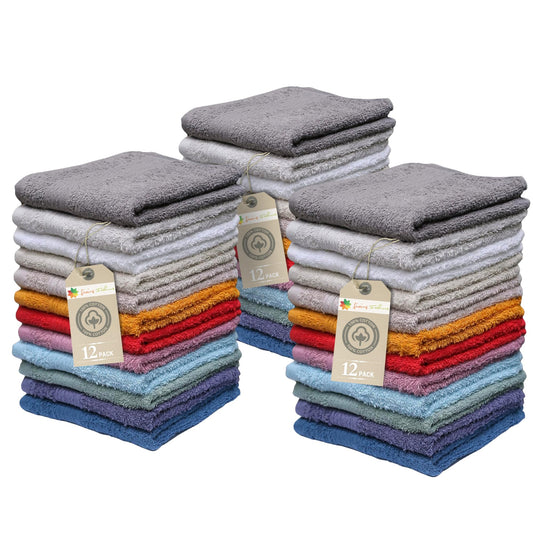 Washcloths, 12 Pack, 100% Extra Soft Ring Spun Cotton Wash Cloth, Size 13" X 13", Soft and Absorbent, Machine Washable, Vibrant Assorted Colors