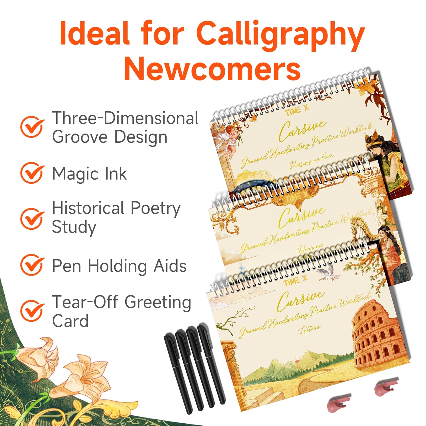 TIME X Grooved Cursive Handwriting Workbook Kit - Cursive Handwriting Workbook for Kids 8-12 and Adults - 3Pcs Magic Reusable Handwriting Workbook with Detachable Quote Postcards - 12.6"x10.6"