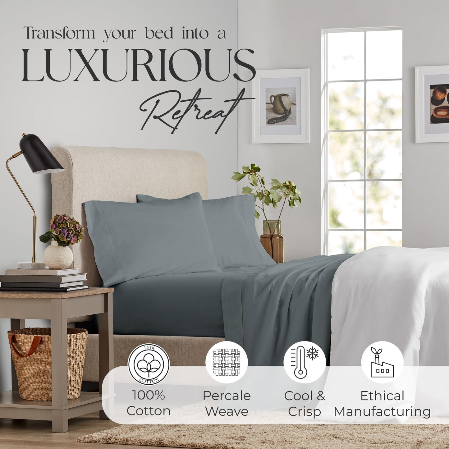 SUPREME ELEGANCE King Size Charcoal Gray Bed Sheet Set, 400 Thread Count Deep Pocket Bed Sheets for King Bed, 100% Cotton Charcoal Gray Sheets, Hotel Luxury Deep Pockets Cooling Sheets