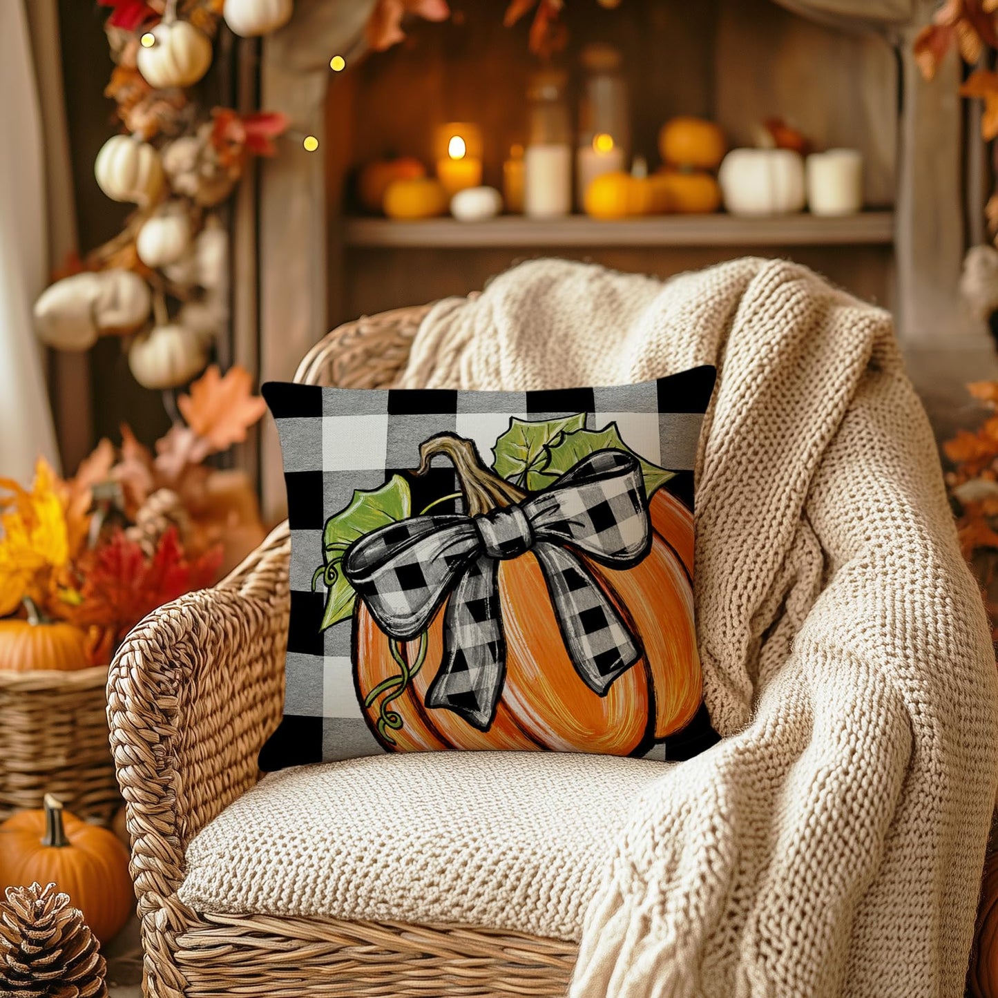 AACORS Fall Pillow Cover 18x18 Inch Pumpkin Bowknot Decorations Farmhouse Buffalo Plaid Autumn Throw Pillow Case Decor for Home Sofa Couch AA734-18