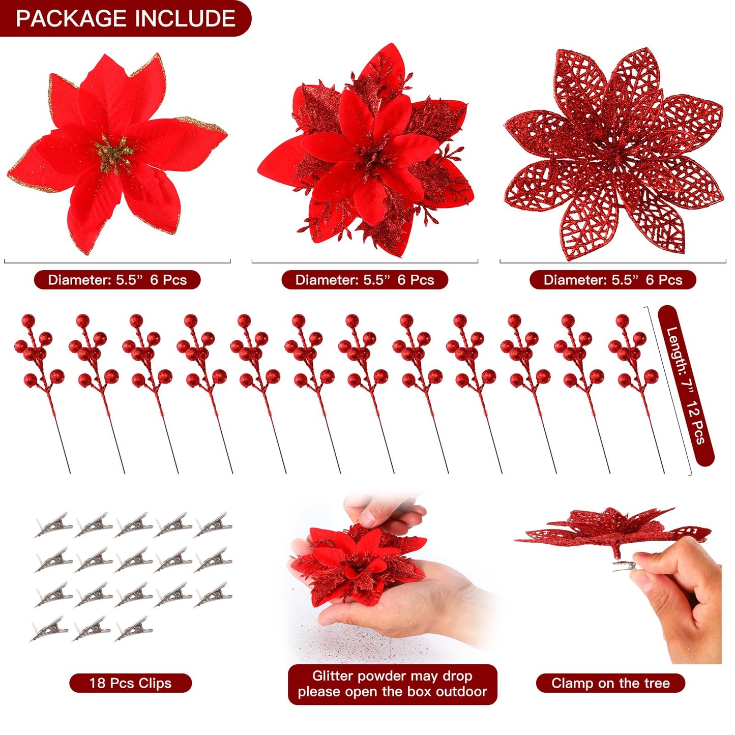 Floweroyal 30pcs Poinsettia Artificial Christmas Flowers Decorations with Clips and Berry Stems Glitter Ornaments for Christmas Tree Wreath Fireplace Stairs Decor (Red-3 Styles)