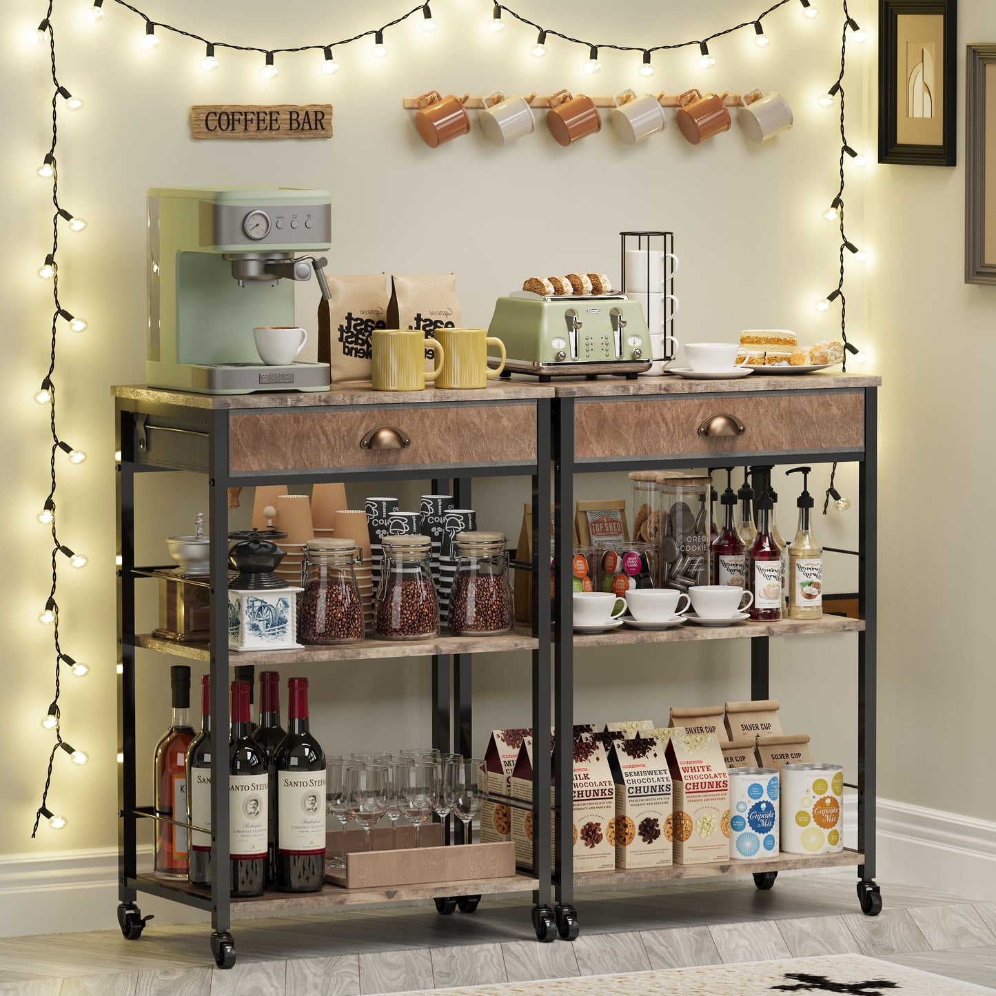 X-cosrack Coffee Bar Cart with Storage, 3-Tier Coffee Table with Drawer for Home Buffets & Sideboards,Coffee Station Corner Table with Rolling Wheels for Kichen, Entryway, Living Room-Patent