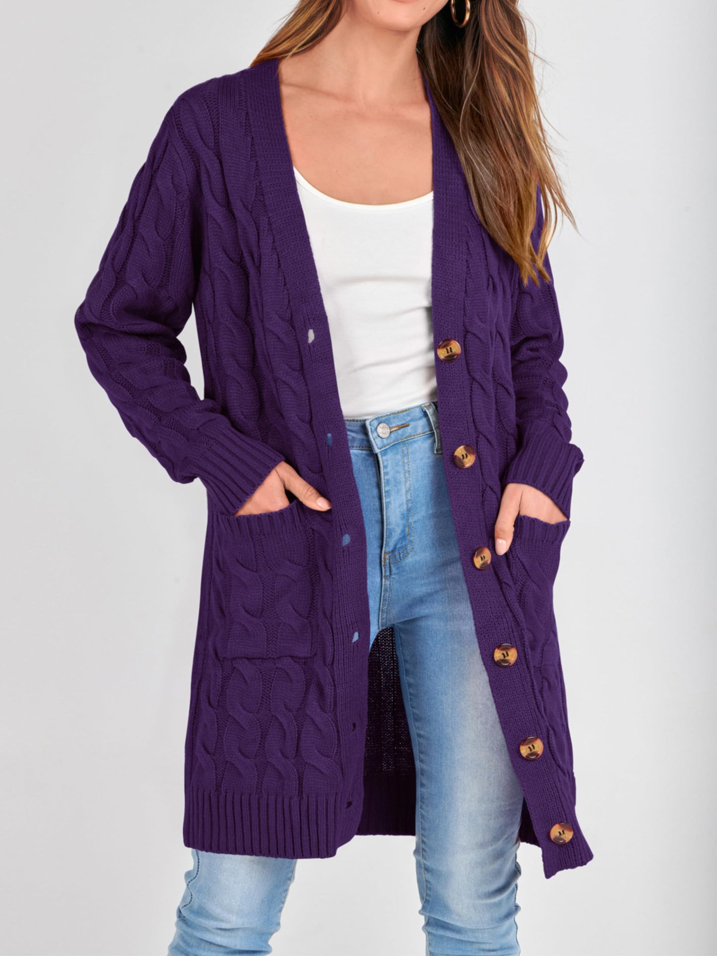 PRETTYGARDEN Long Sleeve Cable Knit Long Cardigan for Women 2025 Fall Winter Chunky Open Front Button Sweaters with Pockets (Deep Purple, X-Large)