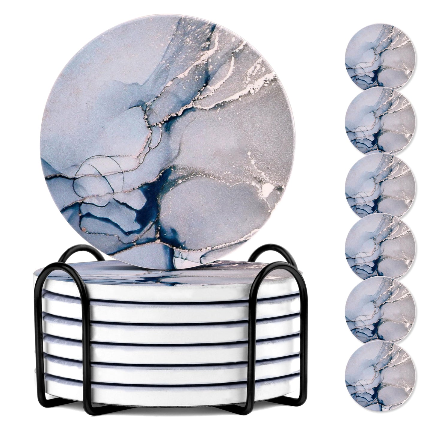 Drink Coasters with Holder, Ceramic Drink Coaster Sets of 6, Marble Blue Ocean Style Absorbent Ceramic Coasters with Cork Base for Home Decor, Kitchen, Gift, Bar, Coffee Table(4 Inches)