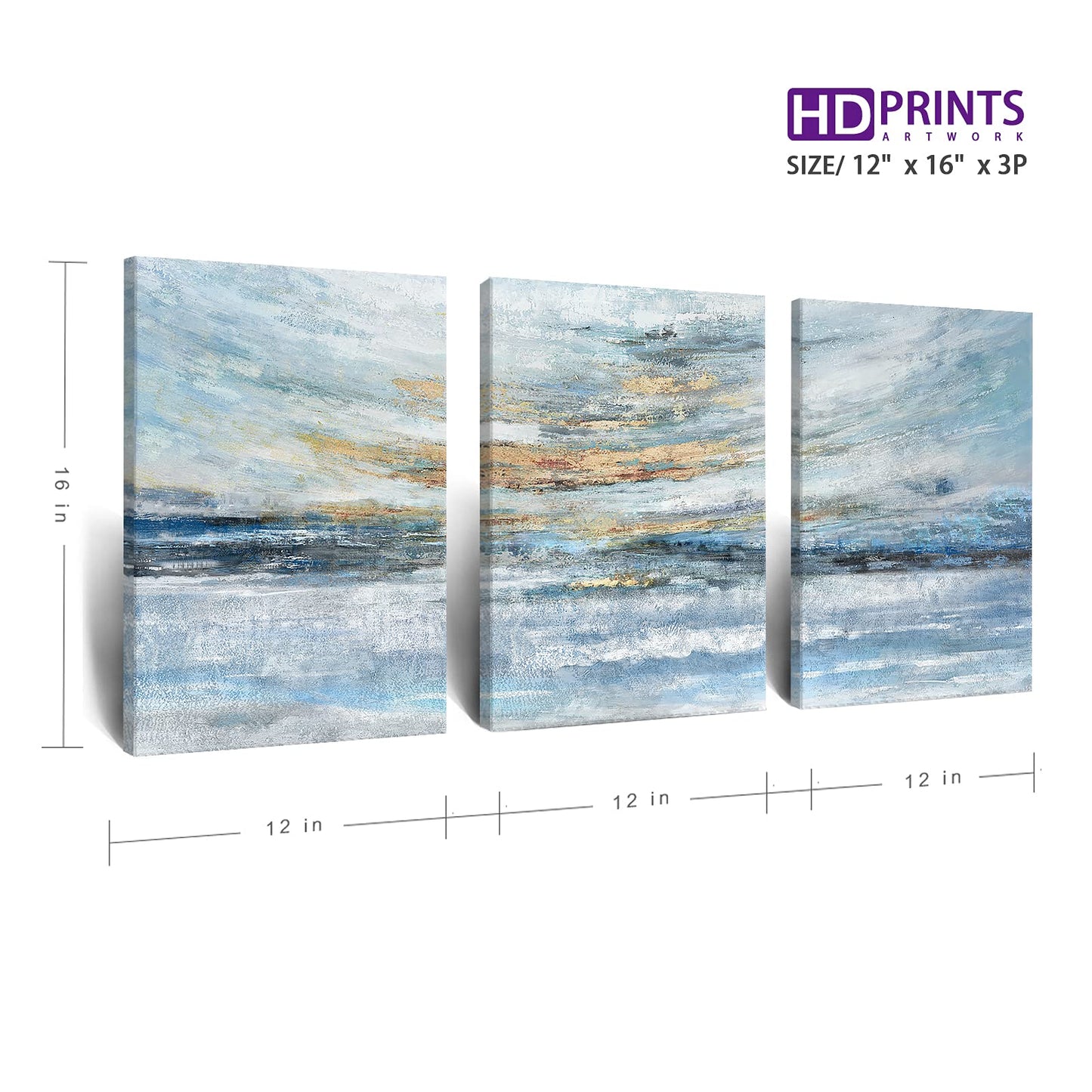 Abstract Canvas Wall Art for Bedroom 3 Piece Ocean Painting Coastal Theme Artwork Blue and Yellow Sunset & Sunrise on the Beach Seascape Picture for Bathroom Living Room Light 12x16inchx3 panel
