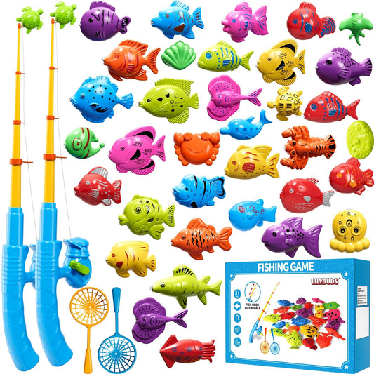 Magnetic Fishing Pool Toys Game for Kids Toddlers 3-5 4-8, Fishing Water Table Bathtub Toy with Inflatable Pool Pole Rod Net Plastic Floating Fish, Water Bath Pool Outdoor Toys for Kids Toddlers Baby