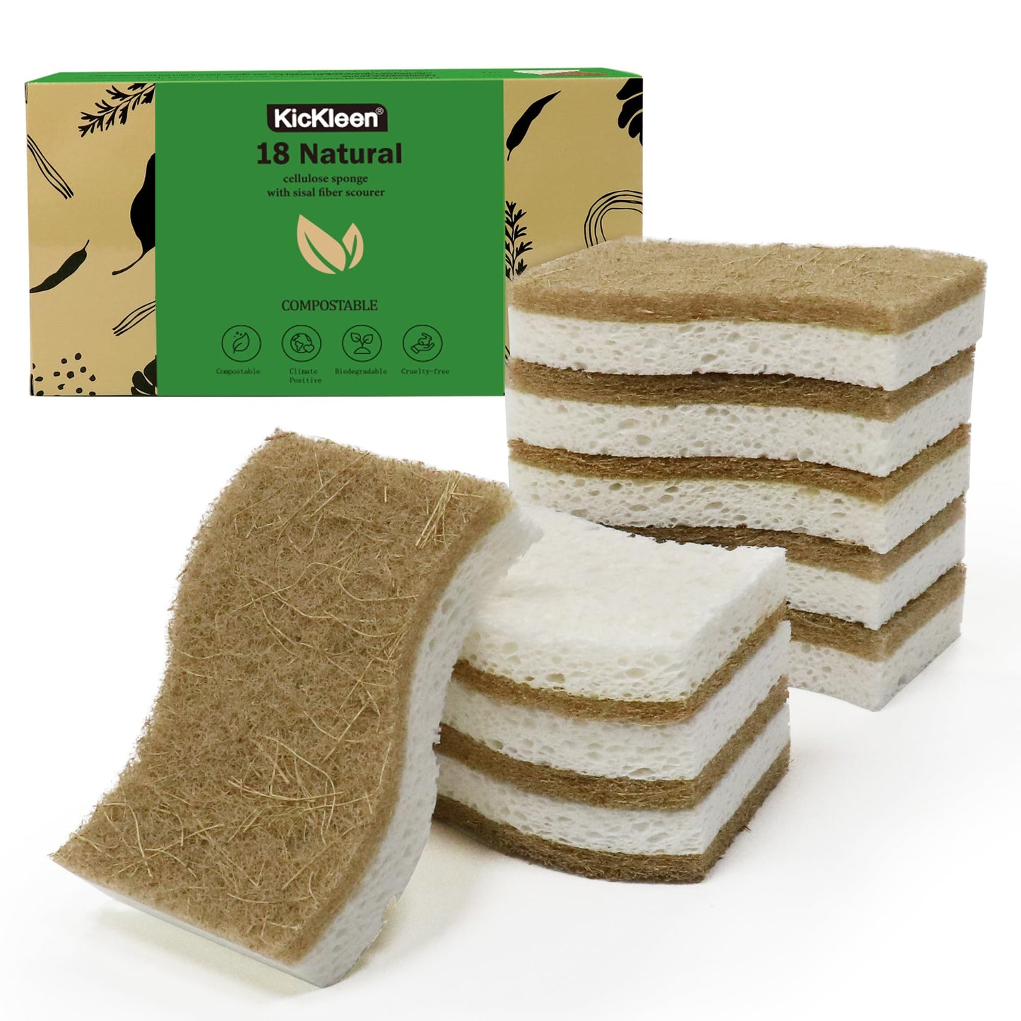9 Pack Biodegradable Natural Kitchen Sponge - Compostable Cellulose and Coconut Walnut Scrubber Sponge - Eco Friendly Sustainable Sponges for Dishes