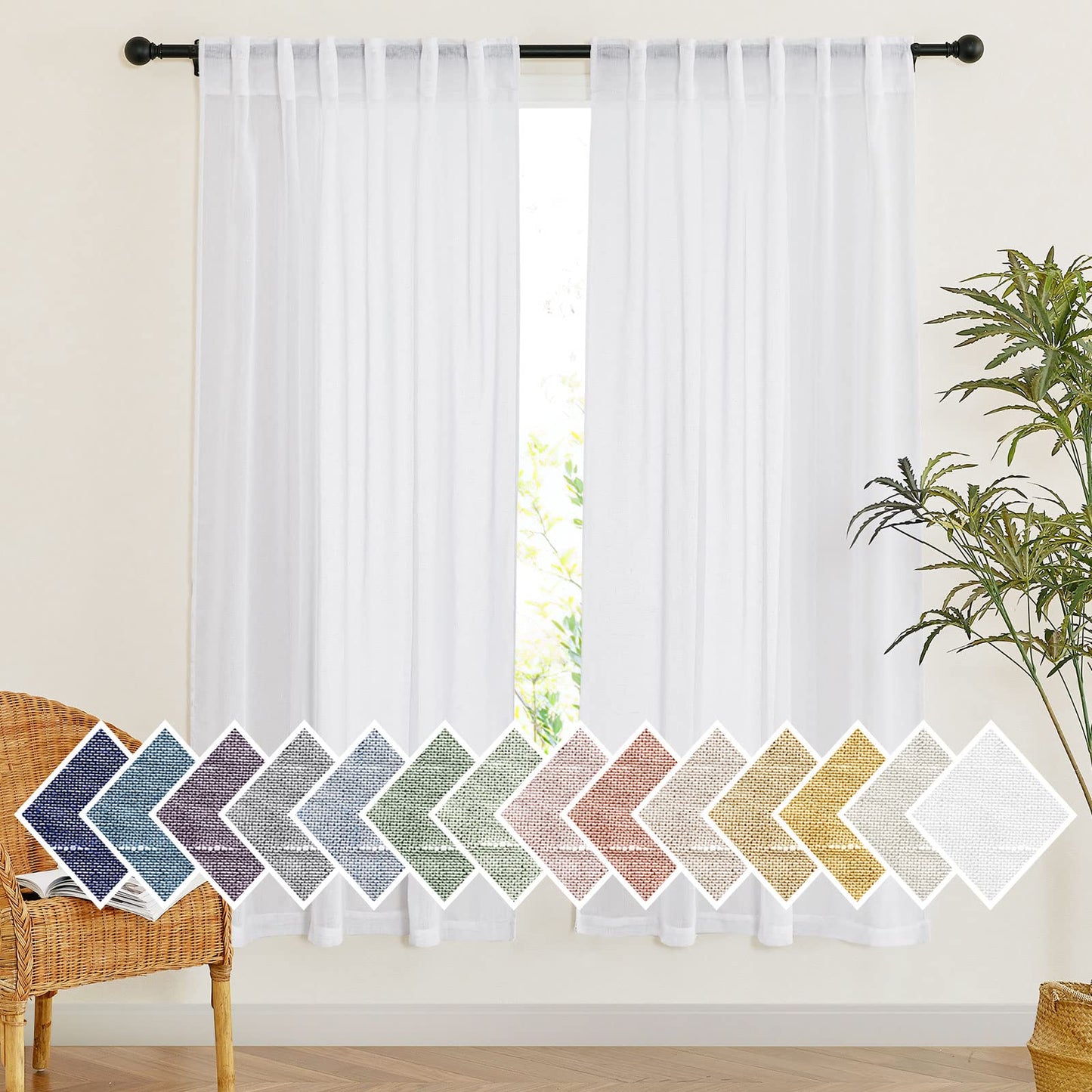 NICETOWN Linen Curtains for Windows 84 inch Length, Rod Pocket & Back Tab Semi Sheer Linen Curtains & Drapes Privacy with Light Through for Bedroom/Living Room, Natural, W52 x L84, 2 Pieces