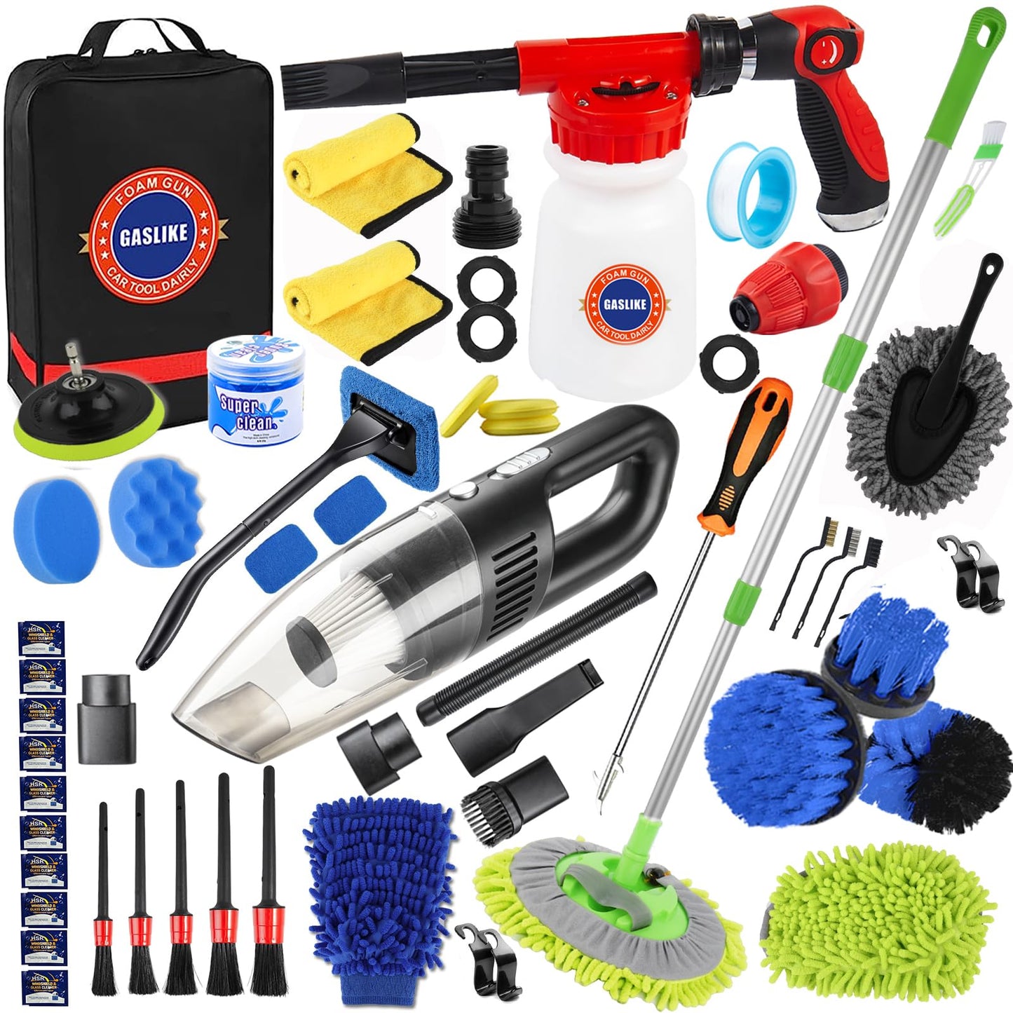 56Pcs Car Wash Cleaning Kit with Foam Gun, Car Wash Brush with Long Handle, Car Detailing Kit, Car Wheel Brush for Car Cleaning Supplies, Adjustable Hose Wash Sprayer-Quick Connector to Any Hose