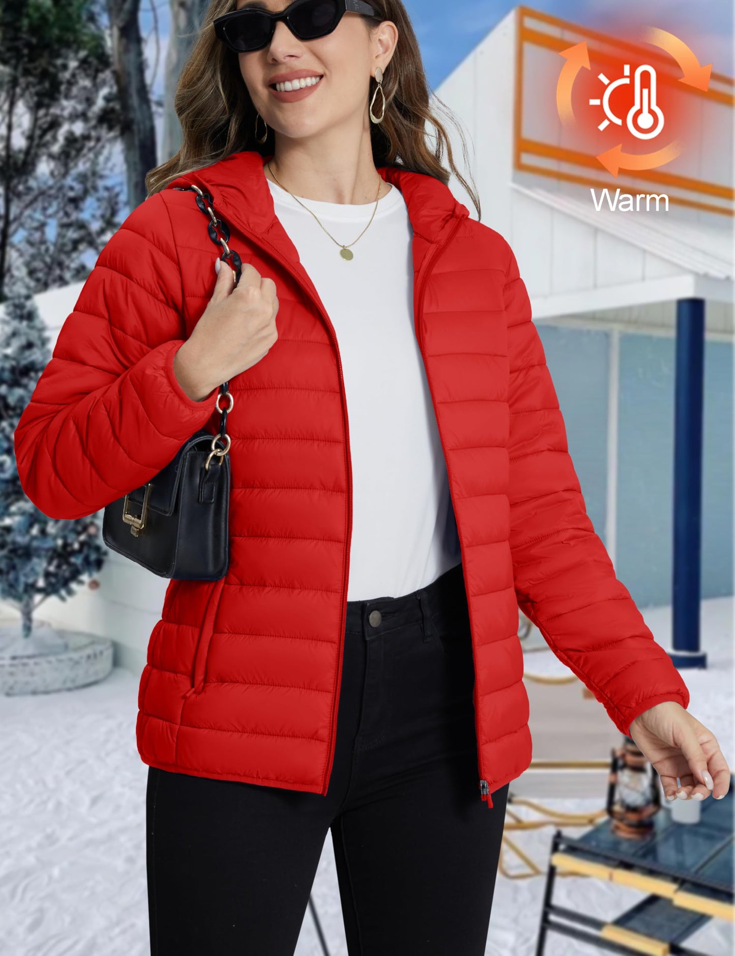 TACVASEN Women's Puffer Coat Long Sleeve Lightweight Jacket with Pockets Quilt Jacket for Winter,Tomato Red L