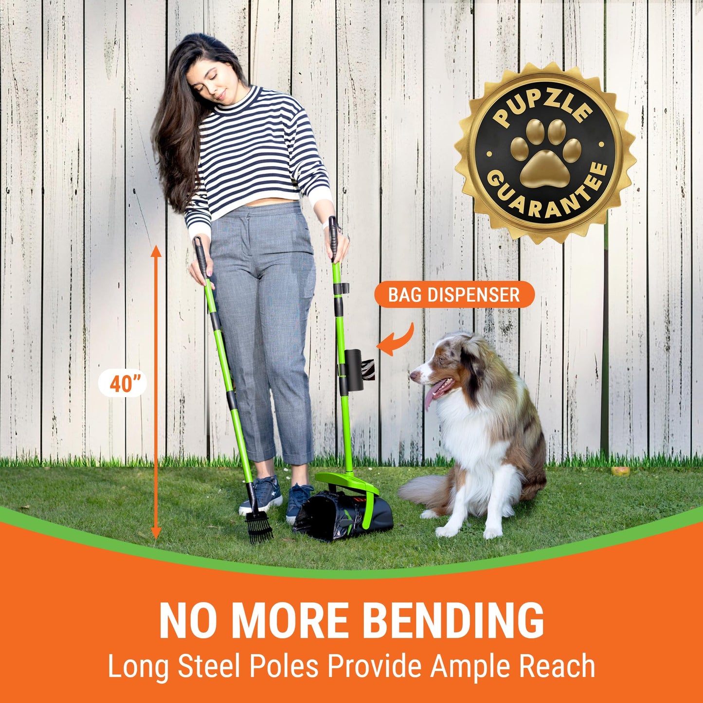 Pupzle Dog Pooper Scooper with Bag Attachment, 40" Long Handle Pooper Scooper for Large Dogs, Dog Poop Scoop for Yard, Large Capacity Swivel Bin and Rake, 50 Lavender Scented Bags