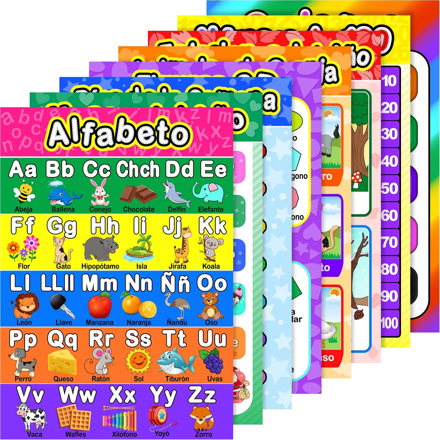 Outus Spanish Educational Poster Spanish Classroom Poster Toddler Learning Chart for Preschool Elementary Kid and Homeschool Kindergarten Class Decorations(8 Pieces,Various Style)