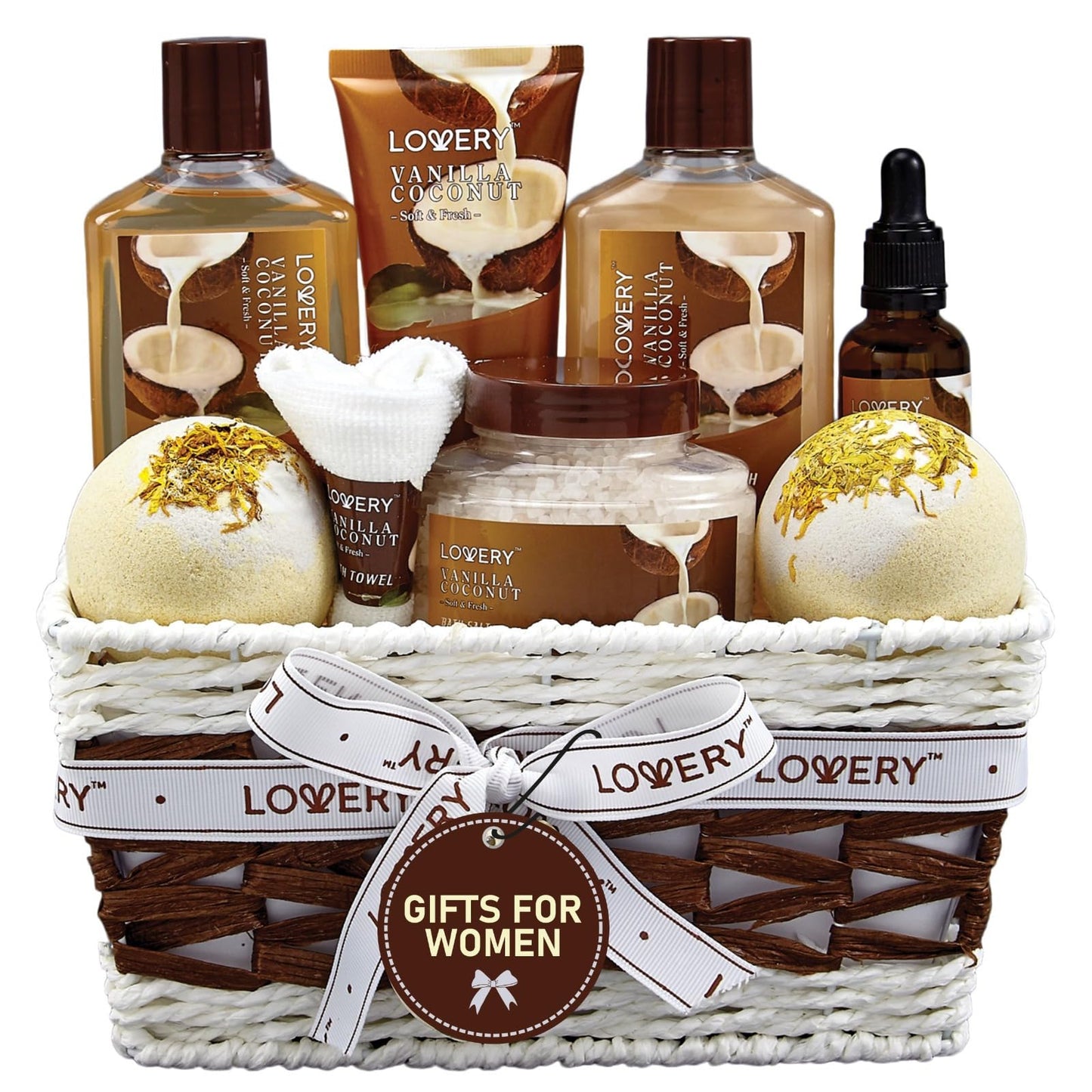 Gifts For Women Gift Basket for Womenβ 9 Piece Set of Vanilla Coconut Home Spa Set, Includes Fragrant Lotions, Extra Large Bath Bombs, Coconut Oil, Luxurious Bath Towel & More