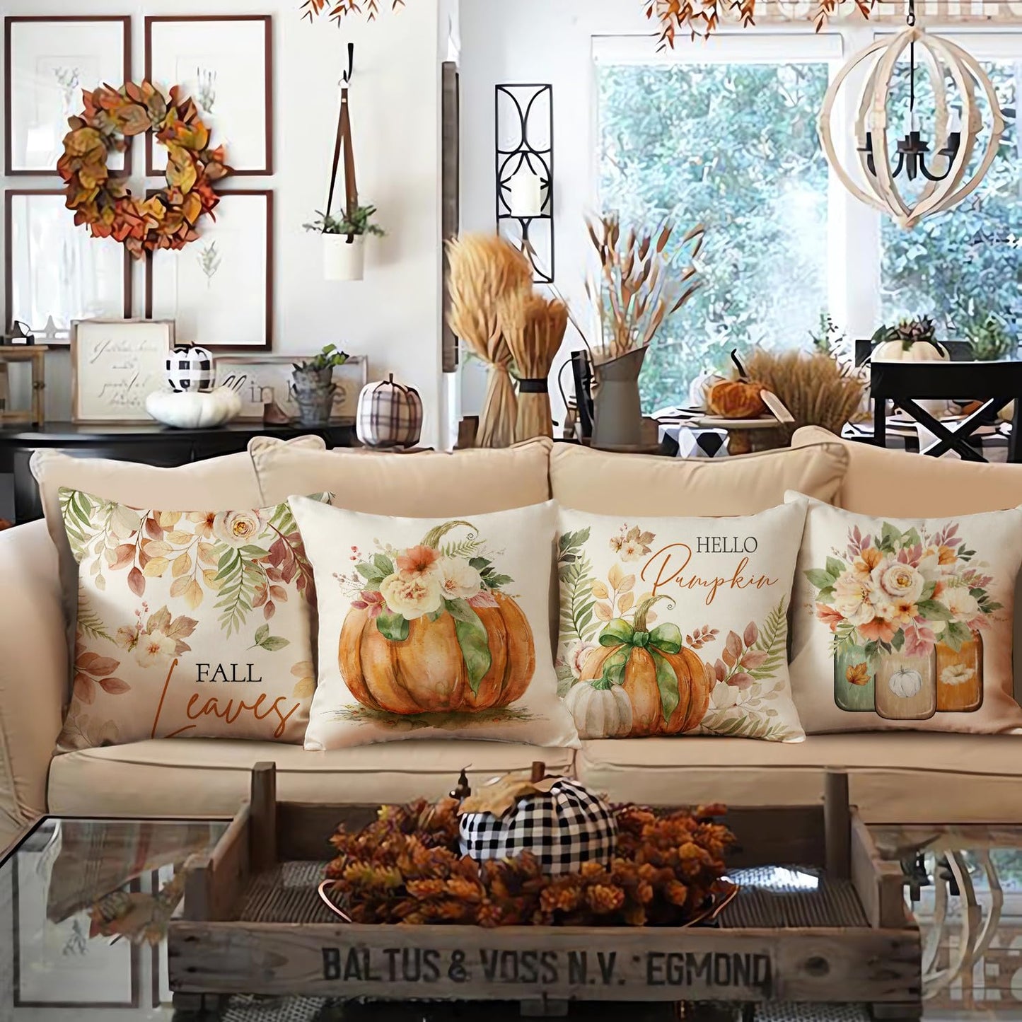 NIGHTWISH Fall Pillow Covers 18x18 Set of 4 Thanksgiving Farmhouse Decorations Leaves Pumpkin Outdoor Fall Decor Throw Pillow Covers Floral Mason Jars Harvest Autumn Cushion Case for Sofa Couch