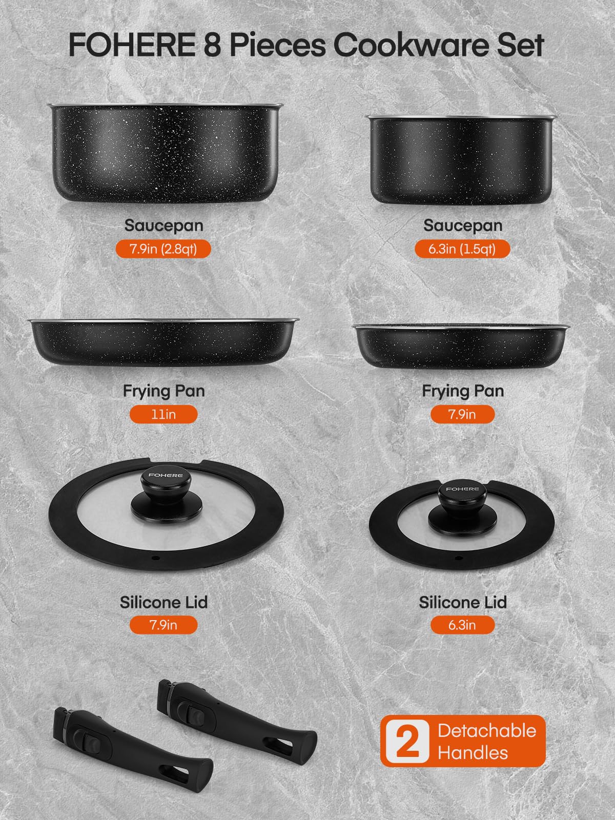 FOHERE 8pcs Pots and Pans Set with 2 Detachable Handles, Aluminum Nonstick Cookware Set, Induction Pan Set, RV Cookware Set, Oven Safe, Stackable