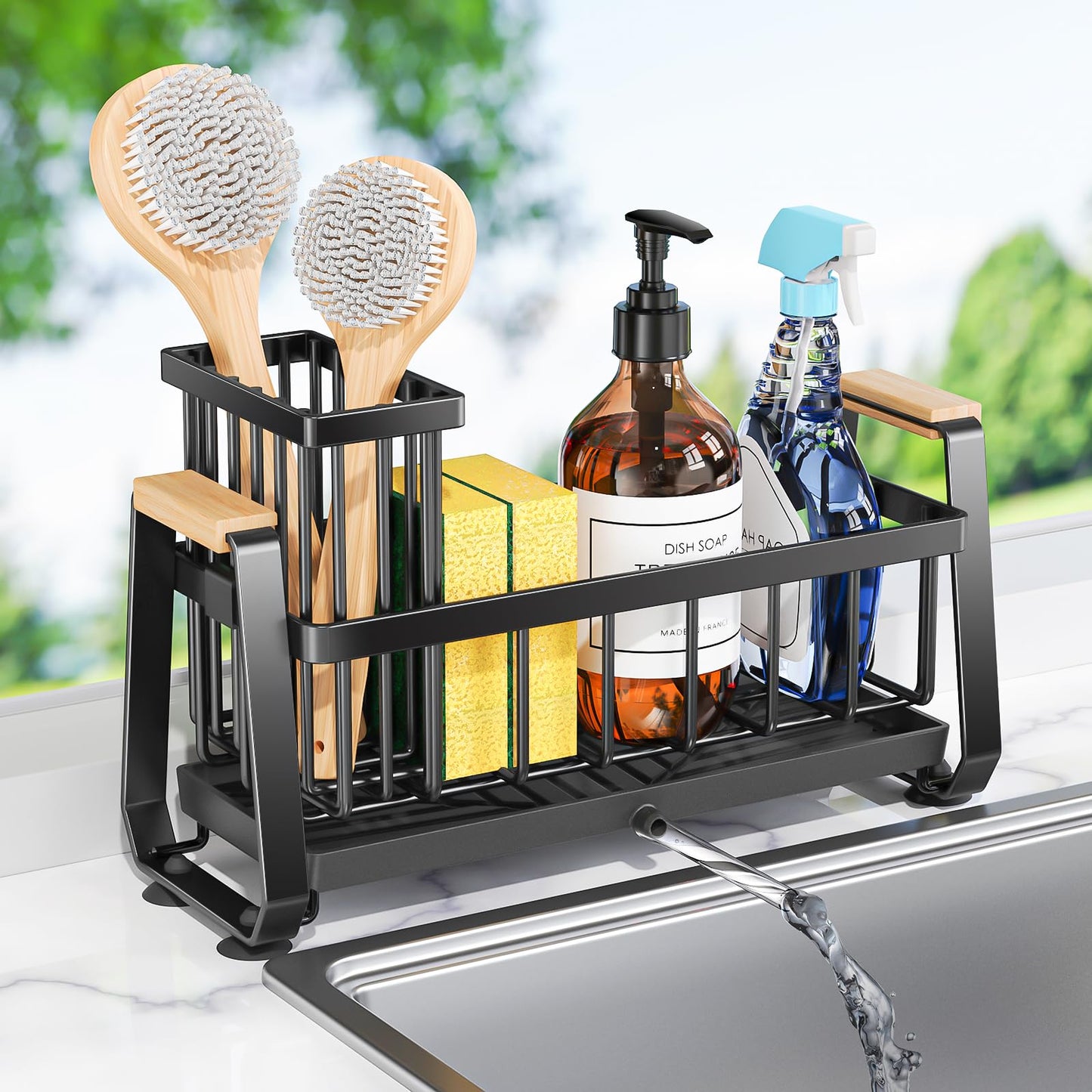 Bele Rose Sink Caddy Organizer, Kitchen Sponge Holder for Sink with Quick Drain Tray & Non-Slip Suction Cups, Sturdy Rustproof Stainless Steel Kitchen Countertop Organizer for Sponge Soap Dispenser