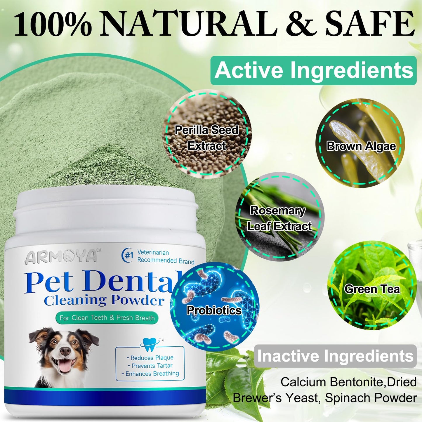 ARMOYA Dog Dental Powder - Teeth Cleaning Powder for Dogs - Dental Powder for Dogs - Dog Dental Care - Plaque & Bad Breath Off Powder Dog - Dental Care Supplies for Small - Medium - Large Dogs
