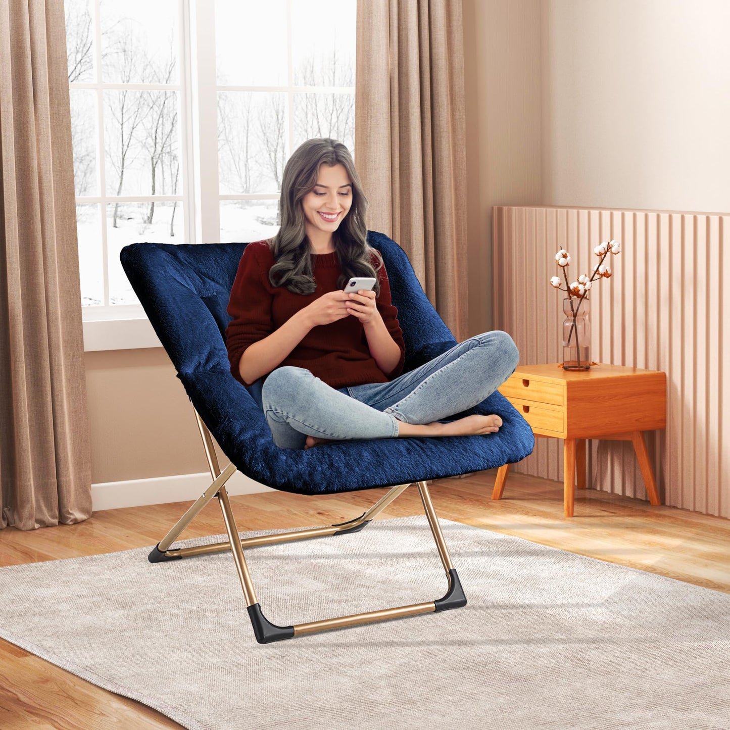 Youtanic Comfy Oversized Saucer Chair, Soft Faux Fur Reading Lounge Chair for Adults, Stable X-Large Metal Frame and Non-Slip Pad, Foldable Cozy Chairs for Bedroom, Living Room, Dorm, Office, Blue