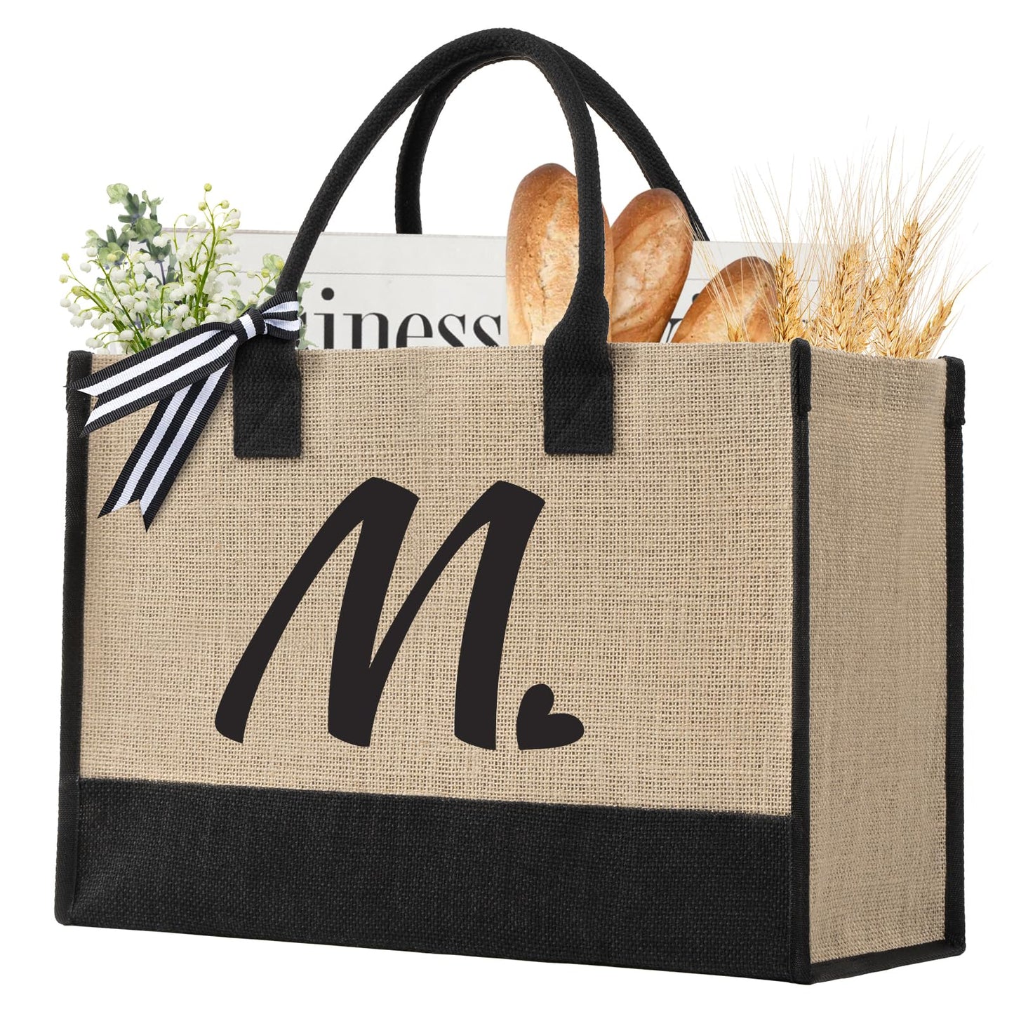 Initial Canvas Tote Bag, Personalized Beach Jute Bag Present for Women Holiday,Friends Birthday Gift,Wedding, New Year