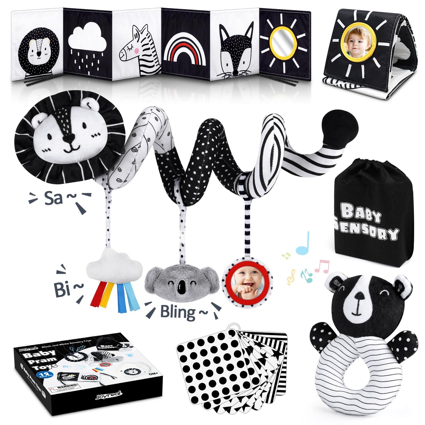 Joyreal High Contrast Baby Toys for Newborn, Black and White Baby Sensory Toys with Car Seat Toys,Infant Toys with Black White Cards Book, Montessori Toys for Baby Gifts