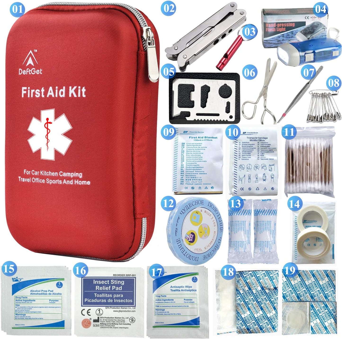 deftget 163 Pieces First Aid Kit Waterproof IFAK Molle System Portable Essential Injuries Medical Emergency Equipment Survival Kits for Car Kitchen Camping Travel Office Sports Home Ligth Red