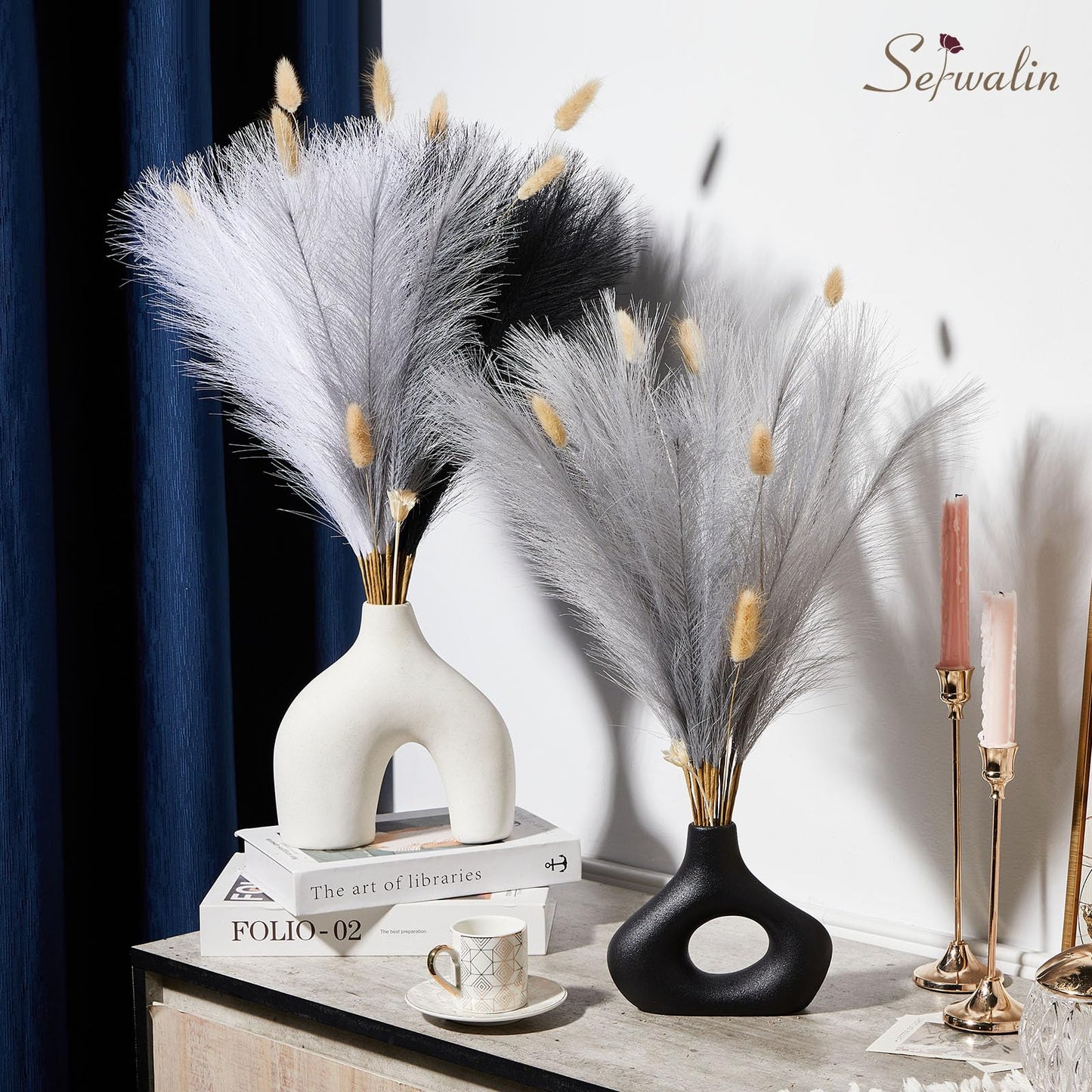 Serwalin 60Pcs Black Pampas Grass Decor, 17'' Faux Pampas Grass, Fluffy Artificial Pompous Grass Vase Filler Flower Arrangement for Living Room Decor Wedding Party Home Decor (Black&White&Gray)