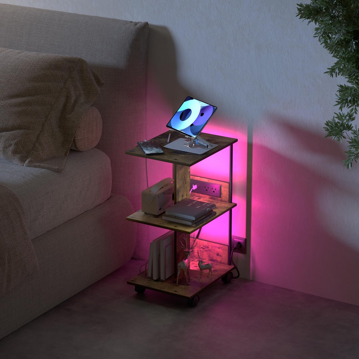 End Table with Charging Station & LED Lights, 3 Tier Movable Wooden Nightstand with Wheels Storage Shelves, Narrow Bedside Tables Side Table for Living Room Bedroom Home Office, Easy to Assemble