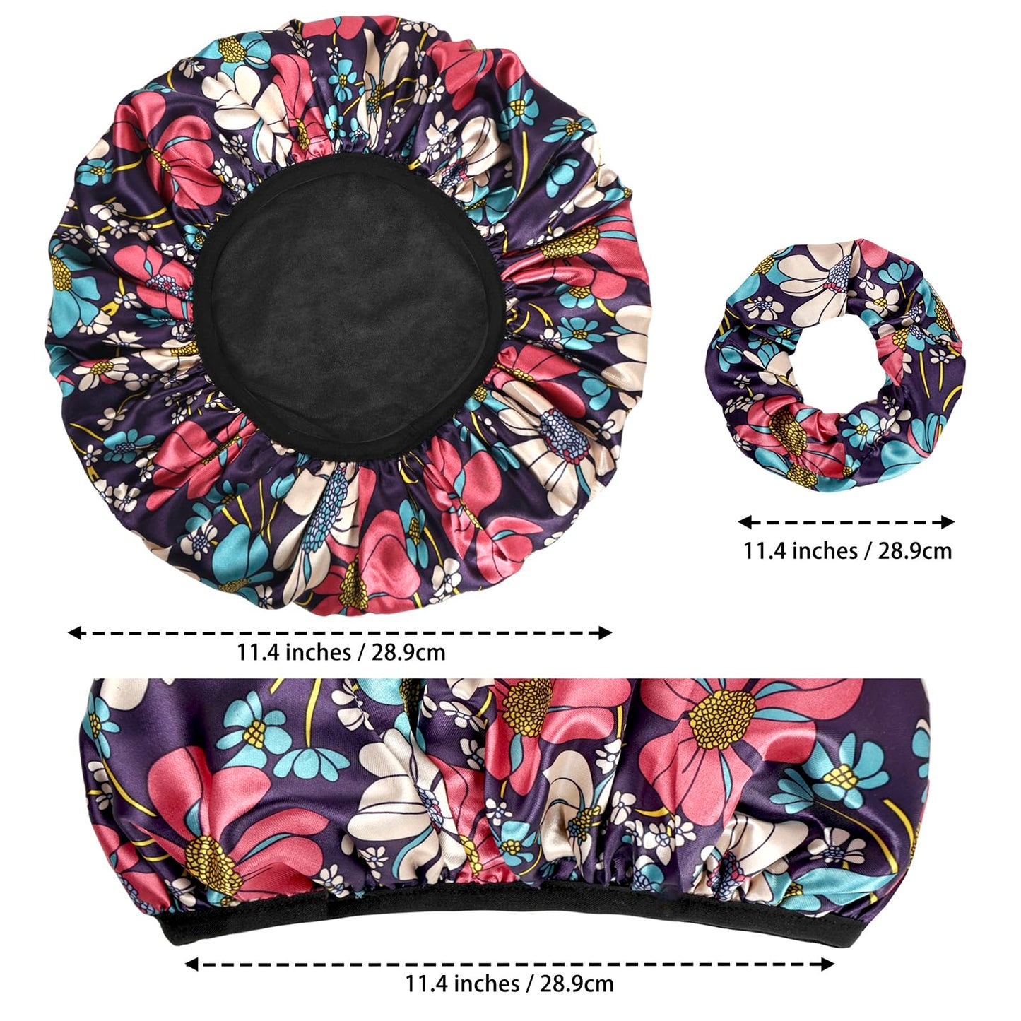 Shower Caps for Women, 2 PCS 3 Layers Terry Lined Shower Cap + 2 Satin Scrunchies, Waterproof Terry Cloth Bath Caps Elastic and Reusable Hair Cap for Shower - (Black+Flower B)