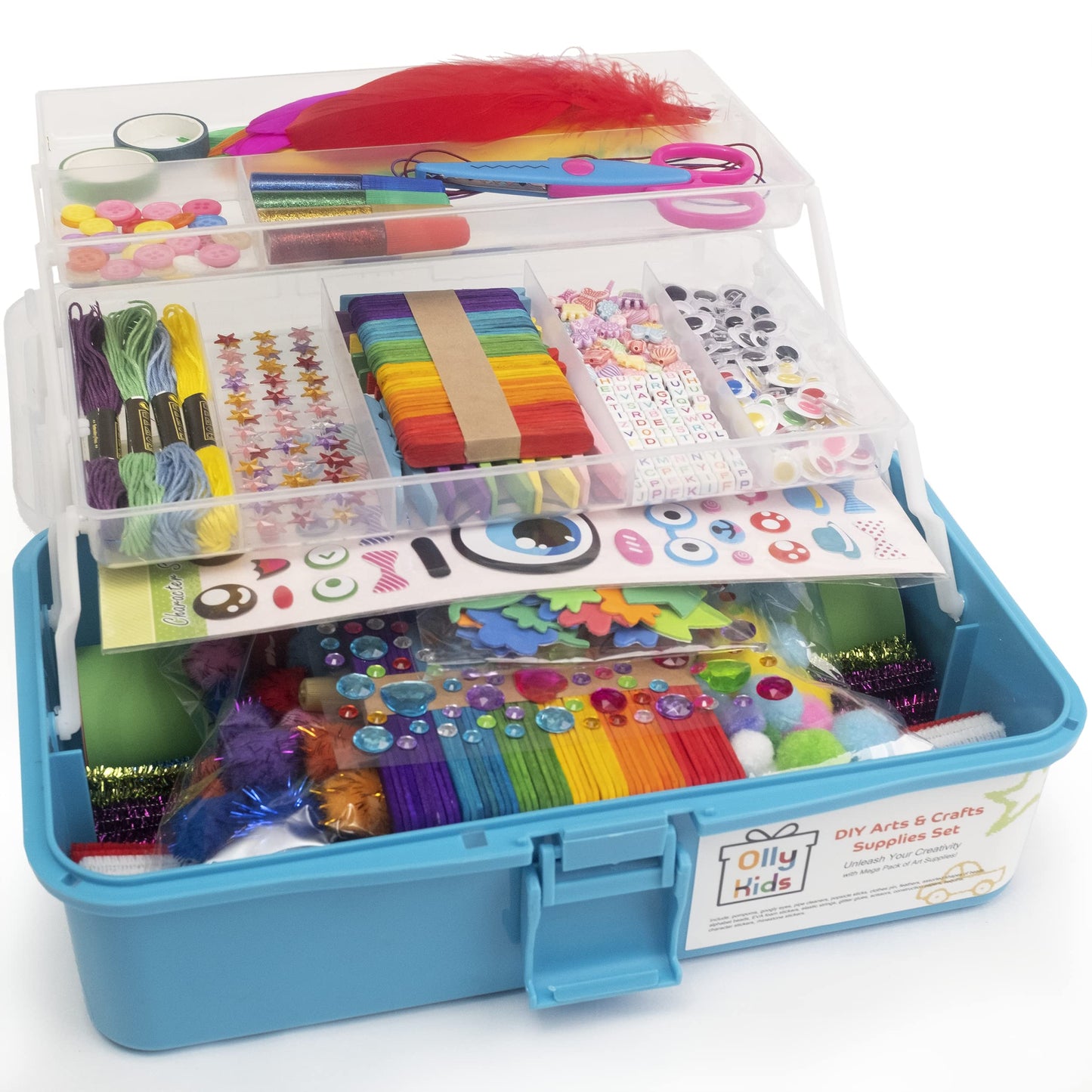 Olly Kids Arts and Crafts Supplies Set- 1000+ Pieces Giftable Craft Box for Kids: DIY Craft Supplies for Toddlers, School Project, and Homeschool