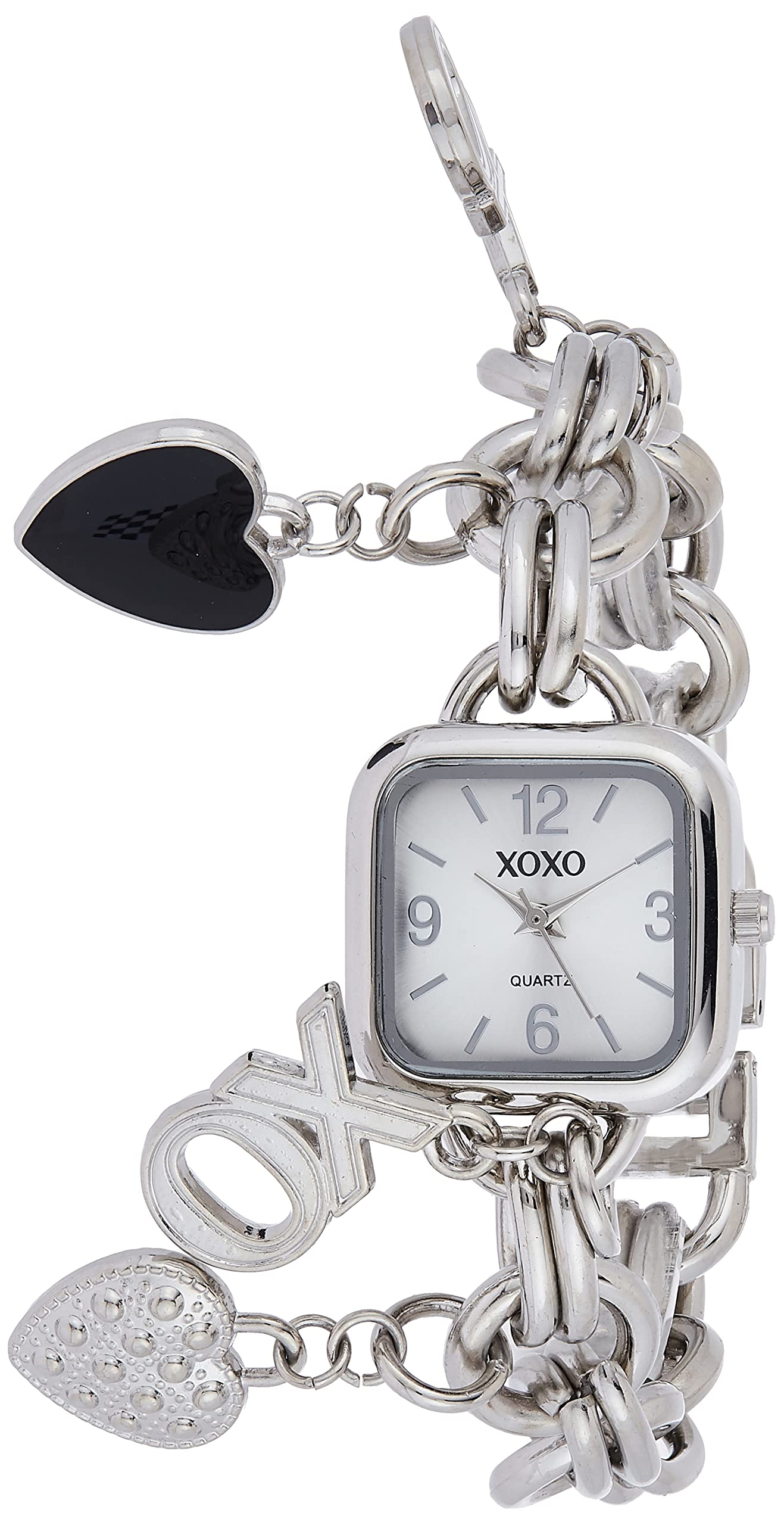 XOXO Women’s Charm Bracelet Watch with XO and Heart Charms, Quartz Analog Display, Polished Silver-Tone Finish, Jewelry Clasp Closure, Box Included, Fits Wrists 5.5"–8.5"