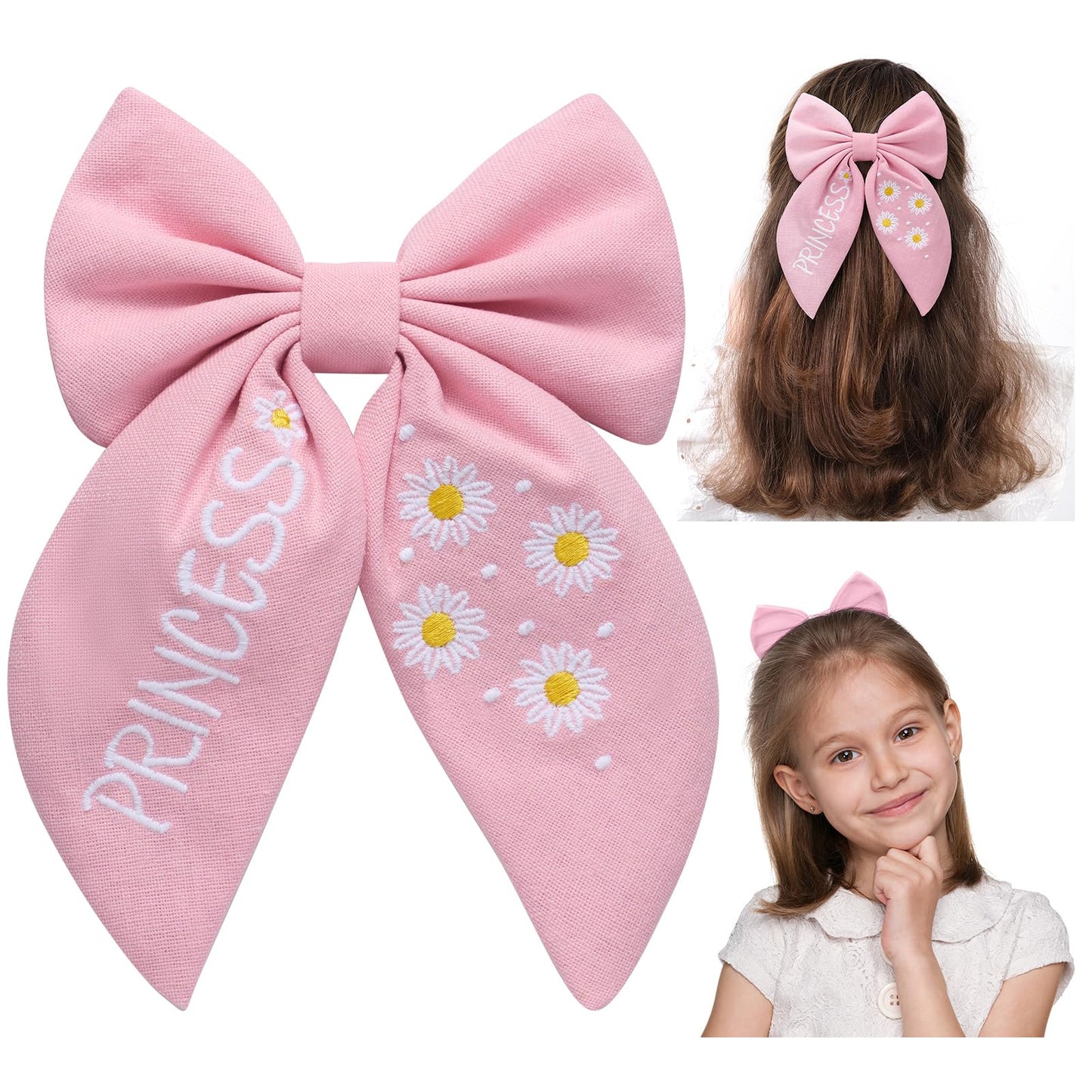 SWEETV Lazos grandes de lino para el pelo para niñas, hechos a mano, lazo floral de algodón, accesorios para el cabello, pinzas para el cabello de flores de primavera, pasadores, lazos para el pelo